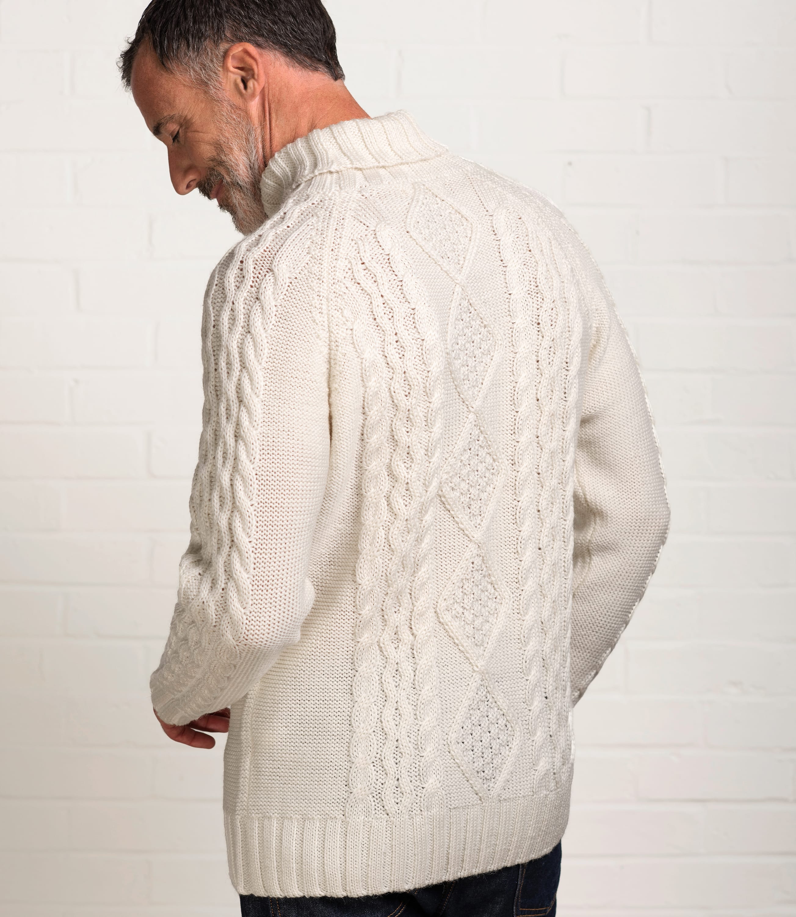 Cream | Mens Pure Wool Aran Polo Neck Jumper | WoolOvers AU