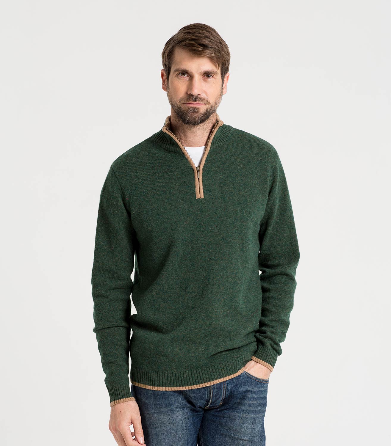 Tweed/Camel | Mens Lambswool Glen Loch Zipper Jumper | WoolOvers AU