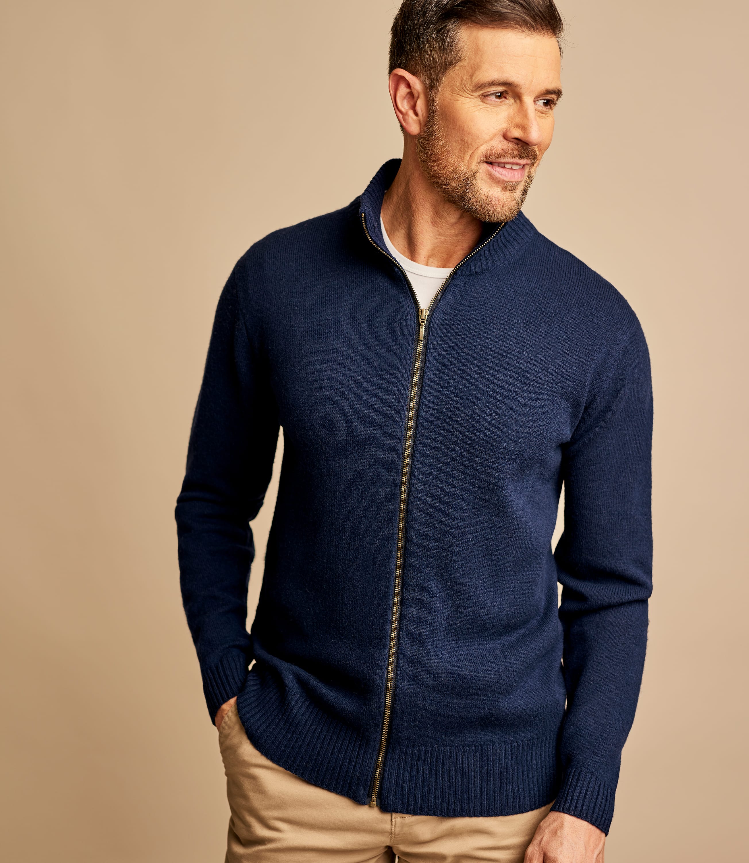 Navy | Mens Lambswool Lincoln Zipper Cardigan | WoolOvers US Navy | Mens Lambswool Lincoln Zipper Cardigan | WoolOvers US