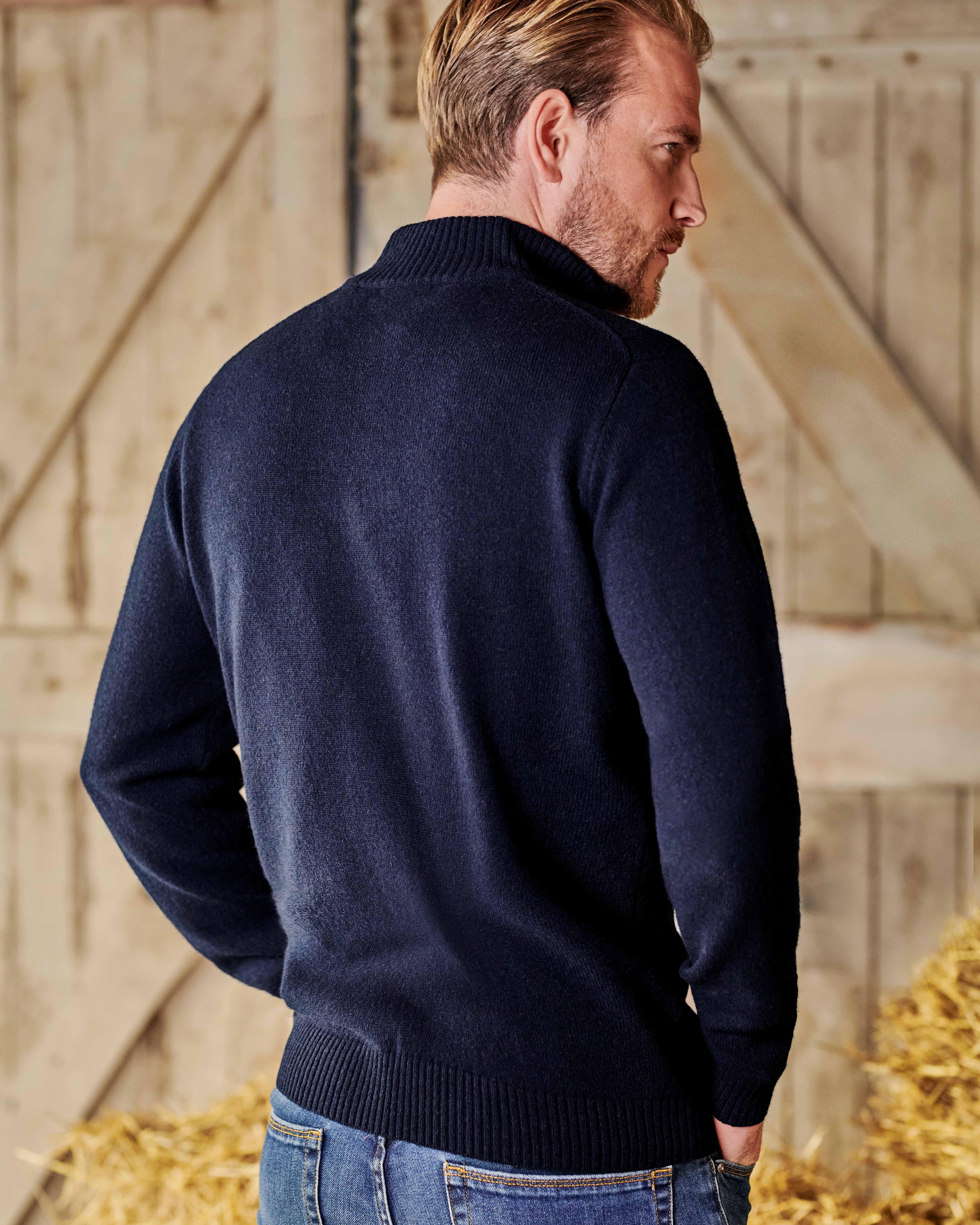 Navy | Mens Lambswool Zip Neck Sweater | WoolOvers US