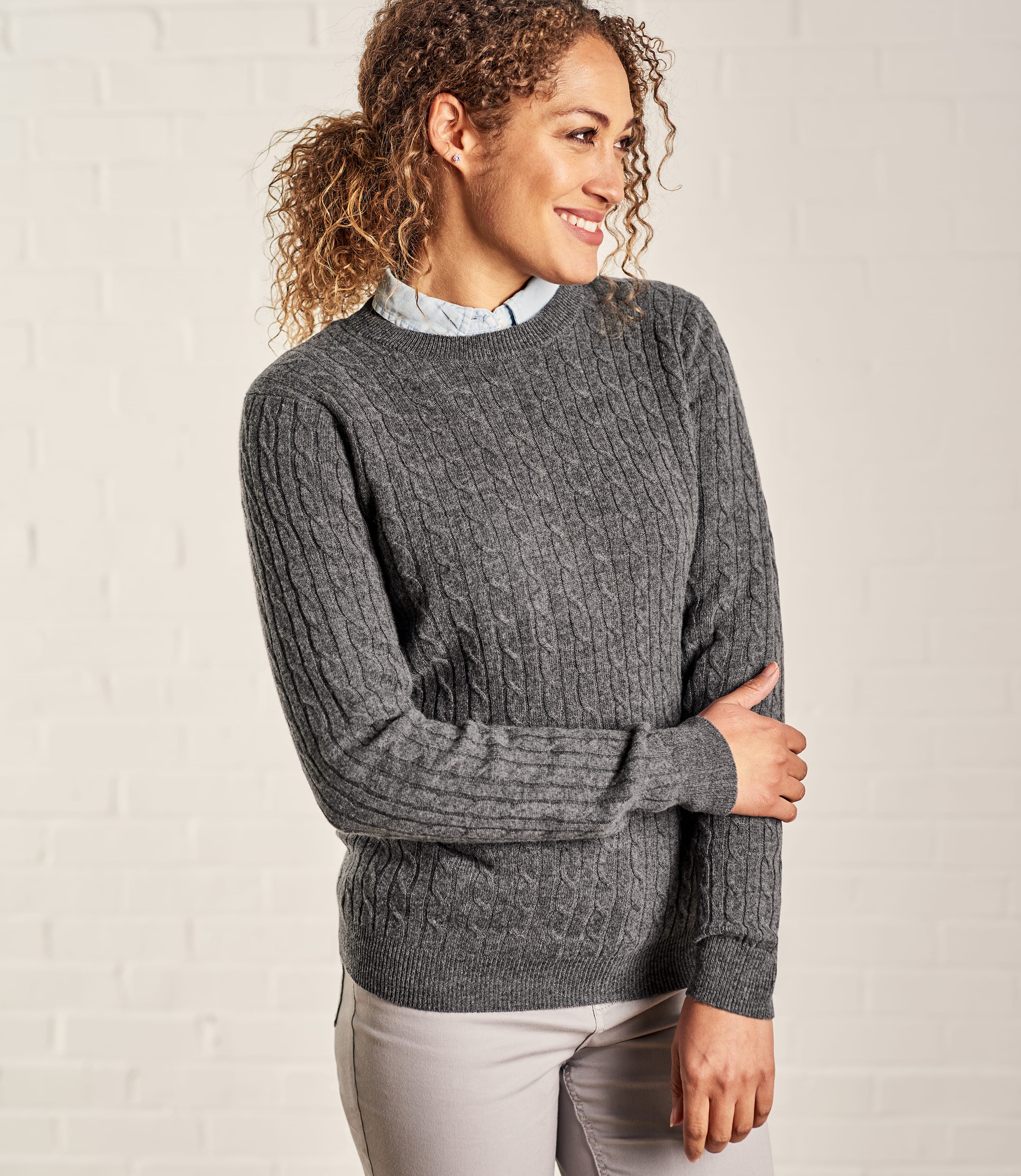 Charcoal | Womens Cashmere & Merino Cable Crew Neck Jumper | WoolOvers UK