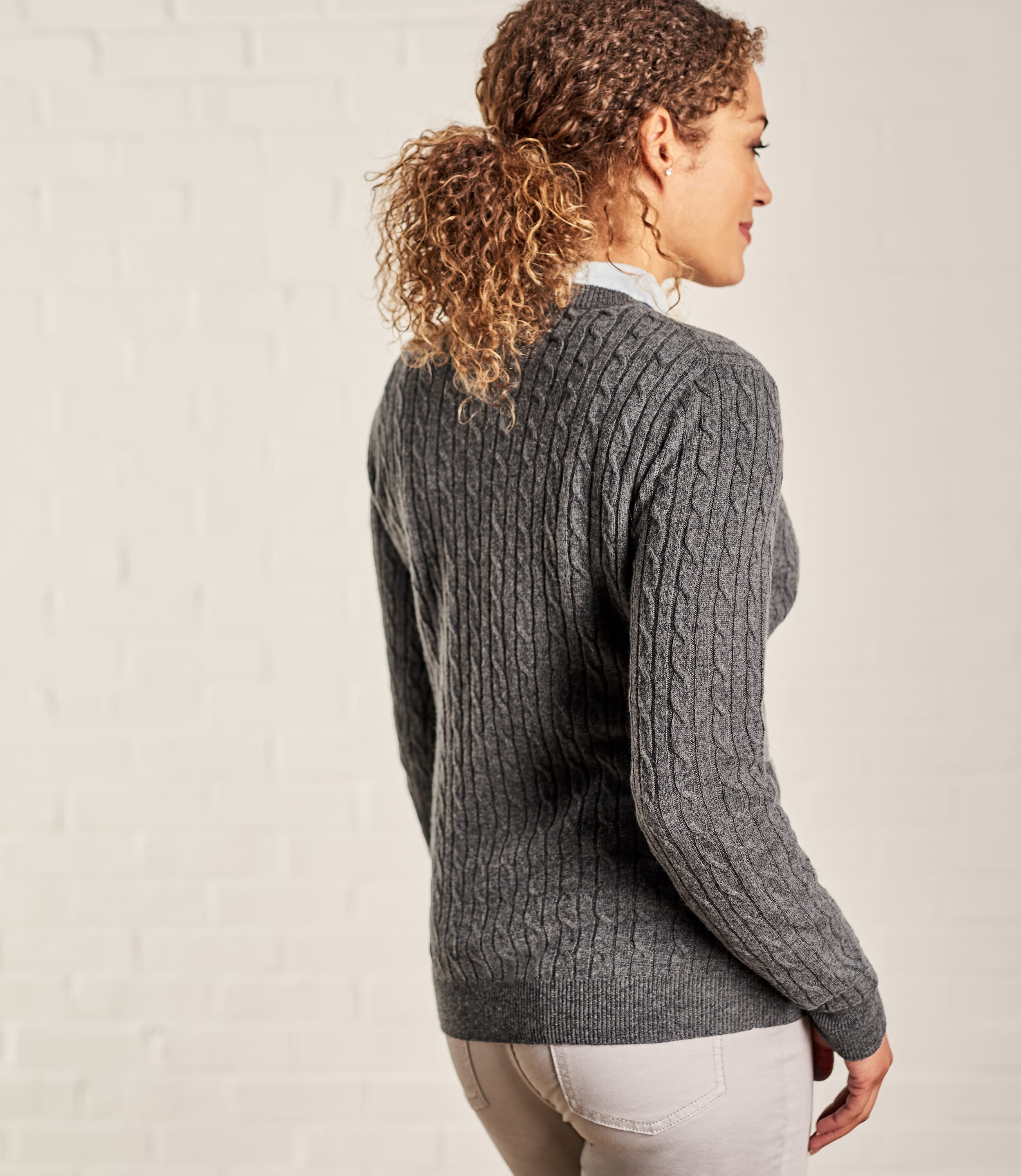 Charcoal Womens Cashmere & Merino Cable Crew Neck Jumper WoolOvers UK