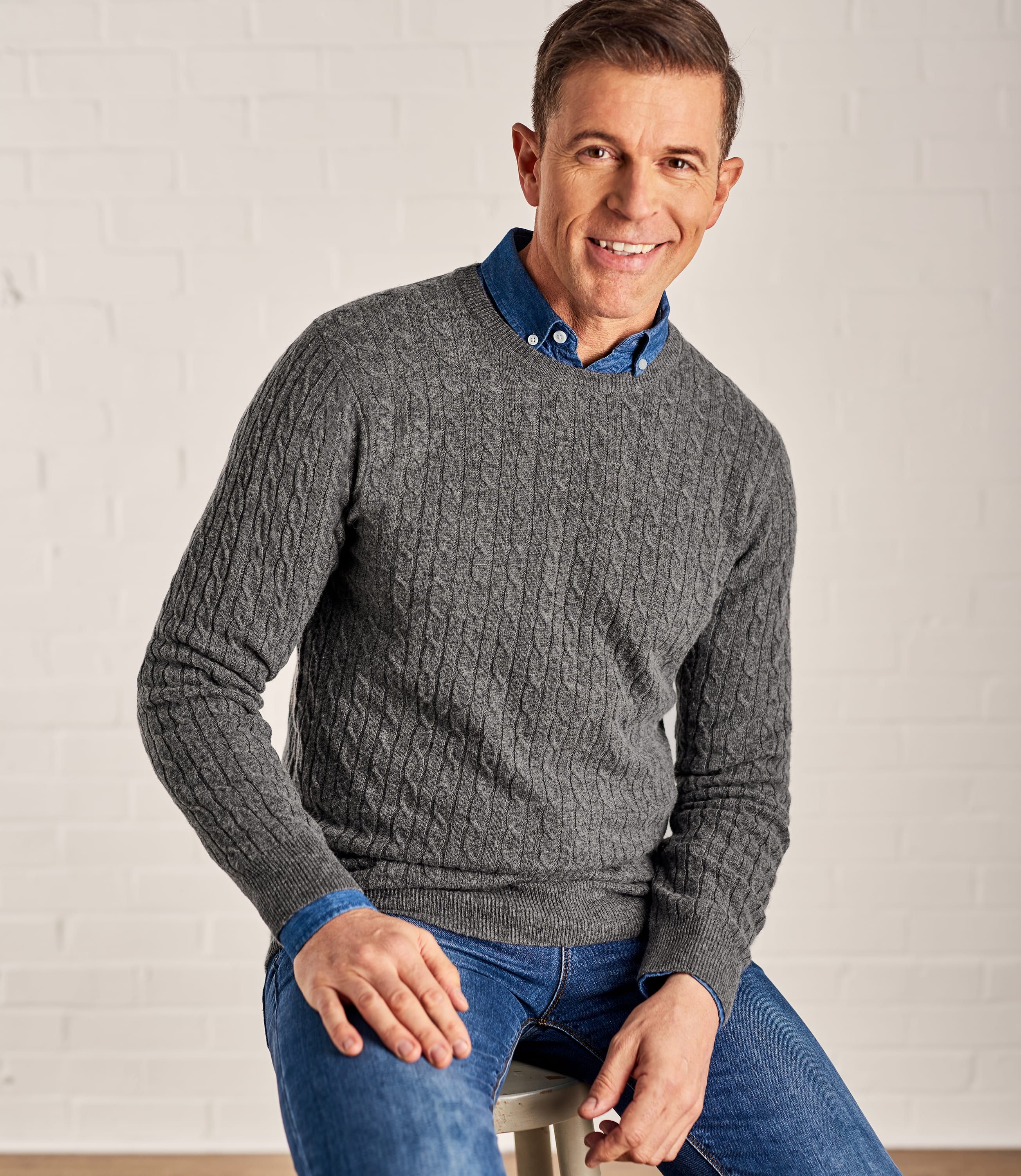 Charcoal | Mens Cashmere & Merino Cable Crew Neck Jumper | WoolOvers UK