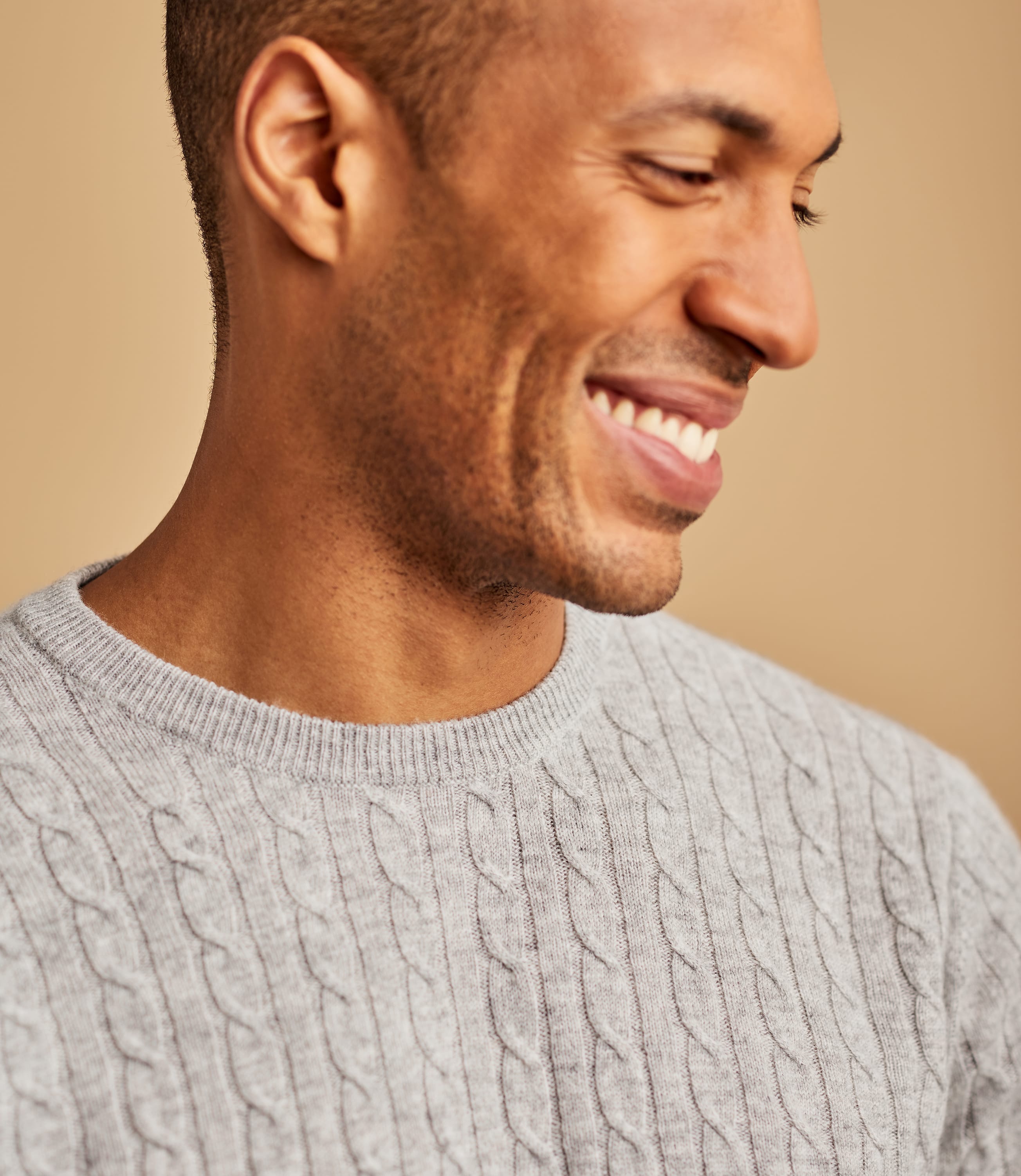 Flannel Grey | Mens Cashmere & Merino Cable Crew Neck Jumper | WoolOvers UK