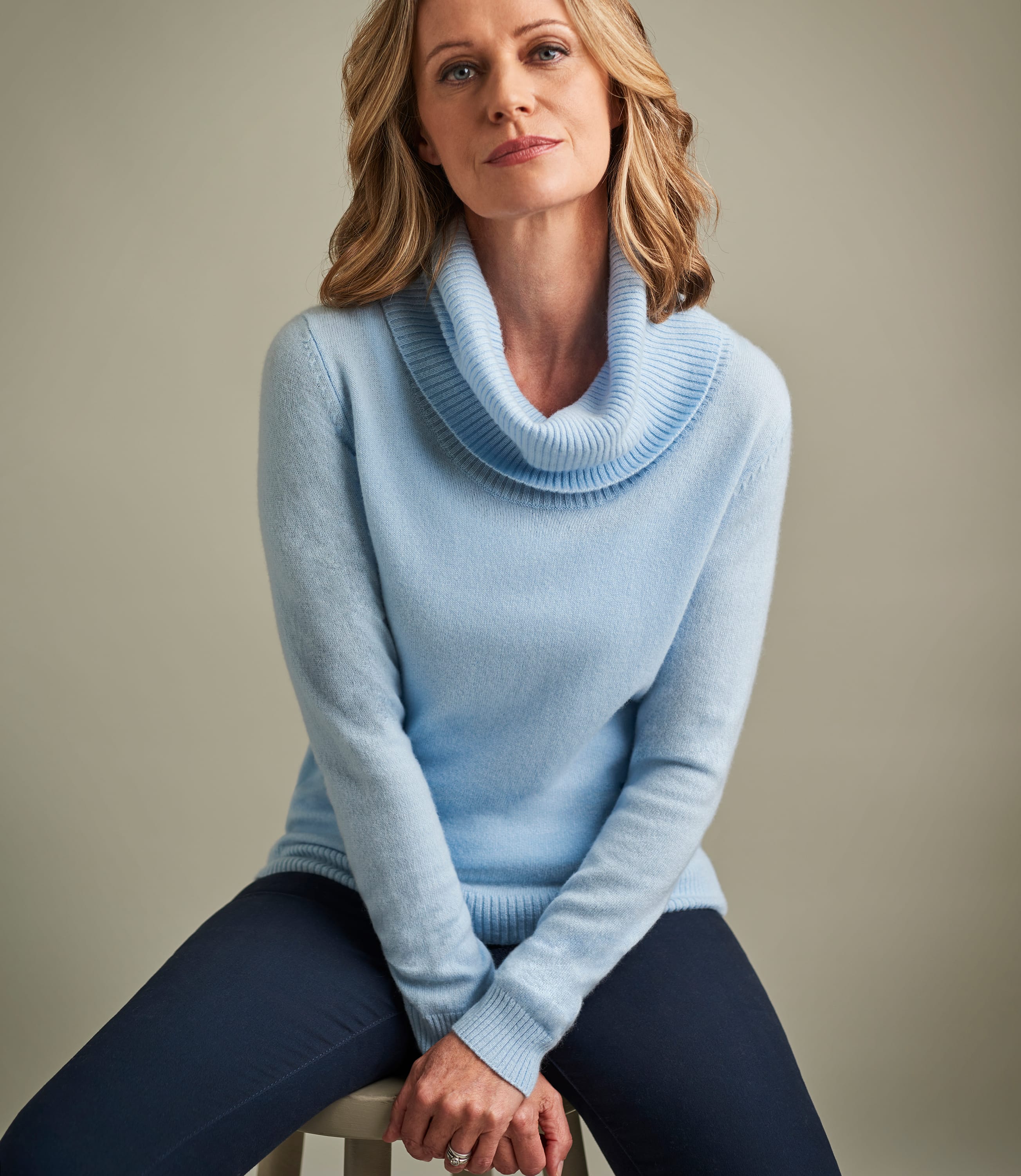 Soft Blue Womens Pure Cashmere Cowl Neck Jumper WoolOvers UK