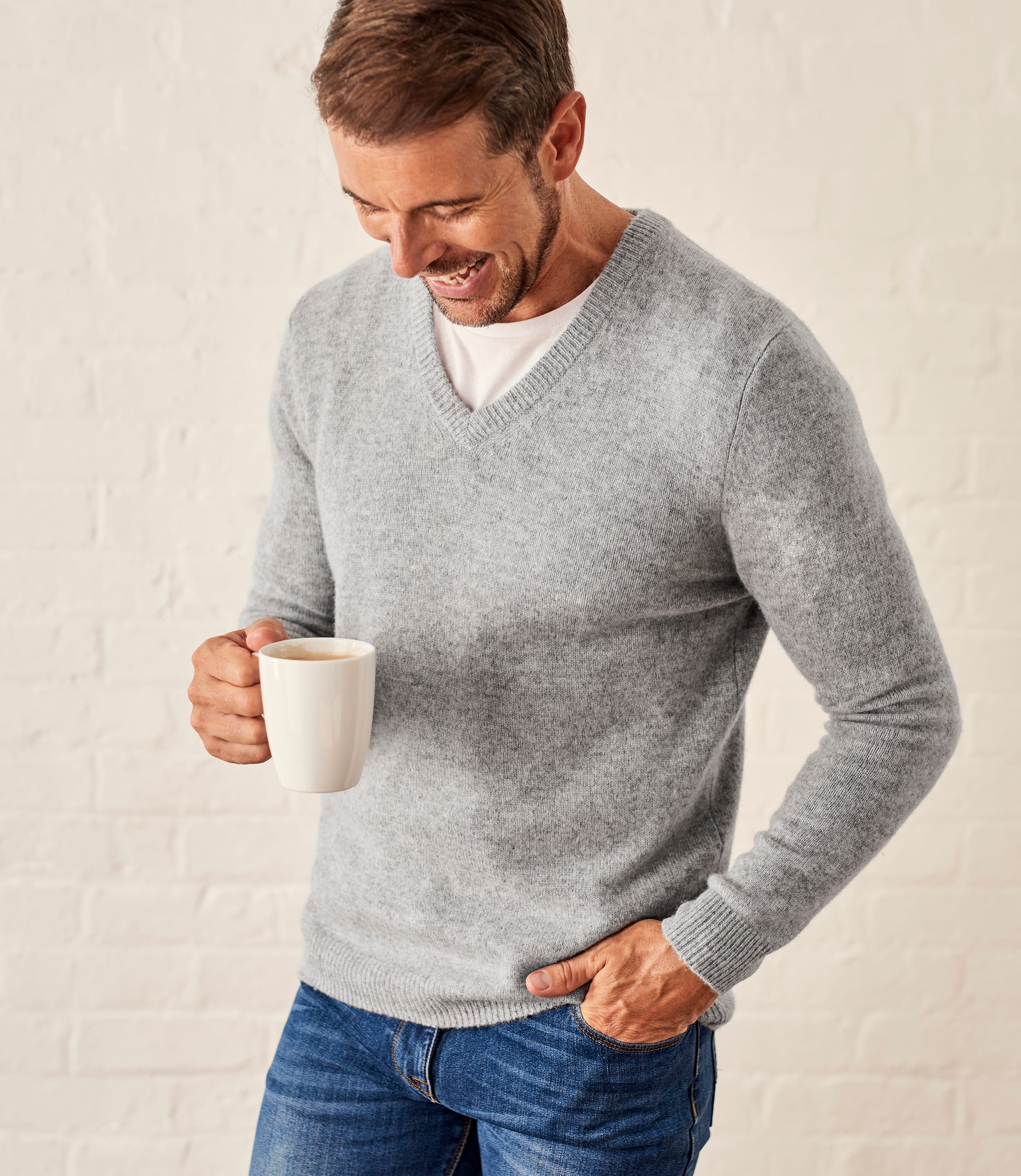 Flannel Grey Pure Lambswool | Mens Lambswool V Neck Knitted Sweater