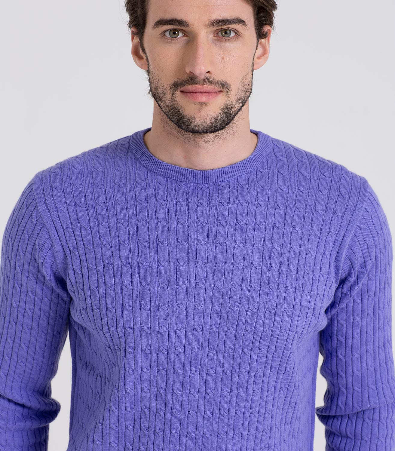 Alpine Blue | Mens Cashmere & Cotton Cable Crew Neck Sweater | WoolOvers AU