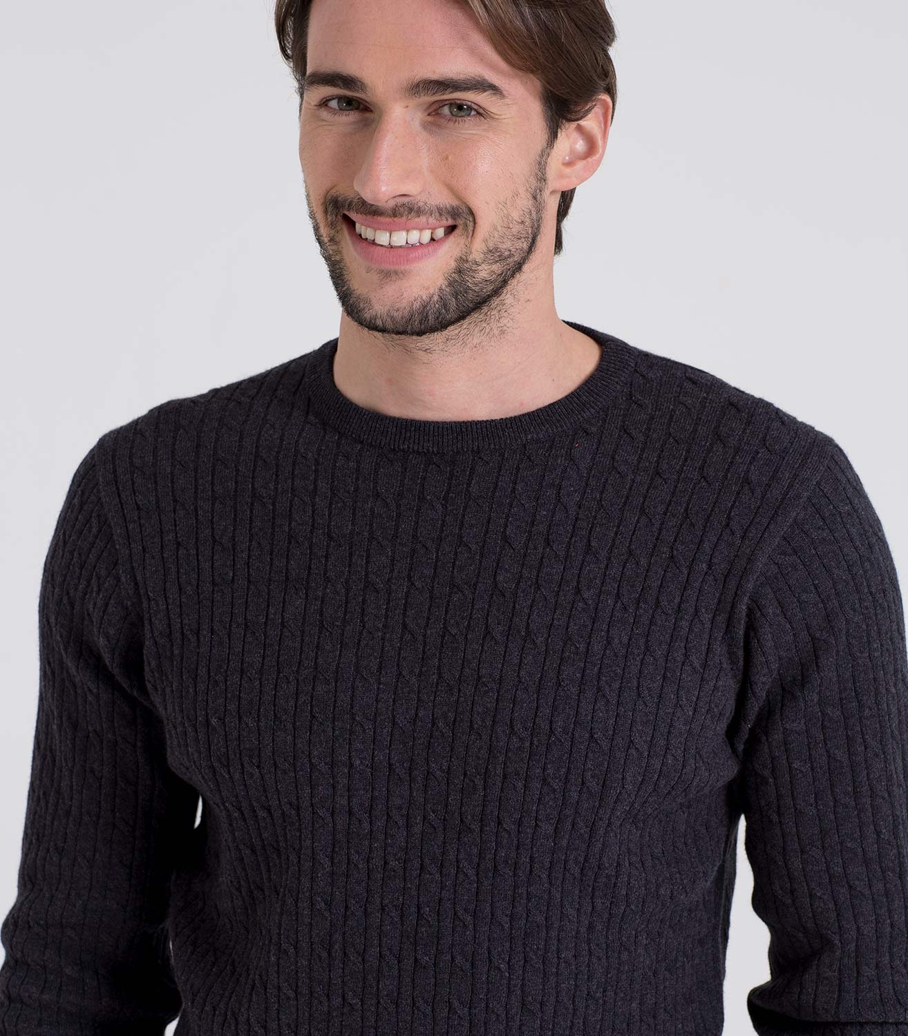 Charcoal | Mens Cashmere & Cotton Cable Crew Neck Sweater | WoolOvers AU