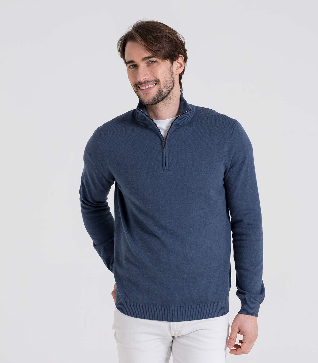 French Navy | Mens Cashmere & Cotton Zip Neck Jumper | WoolOvers AU