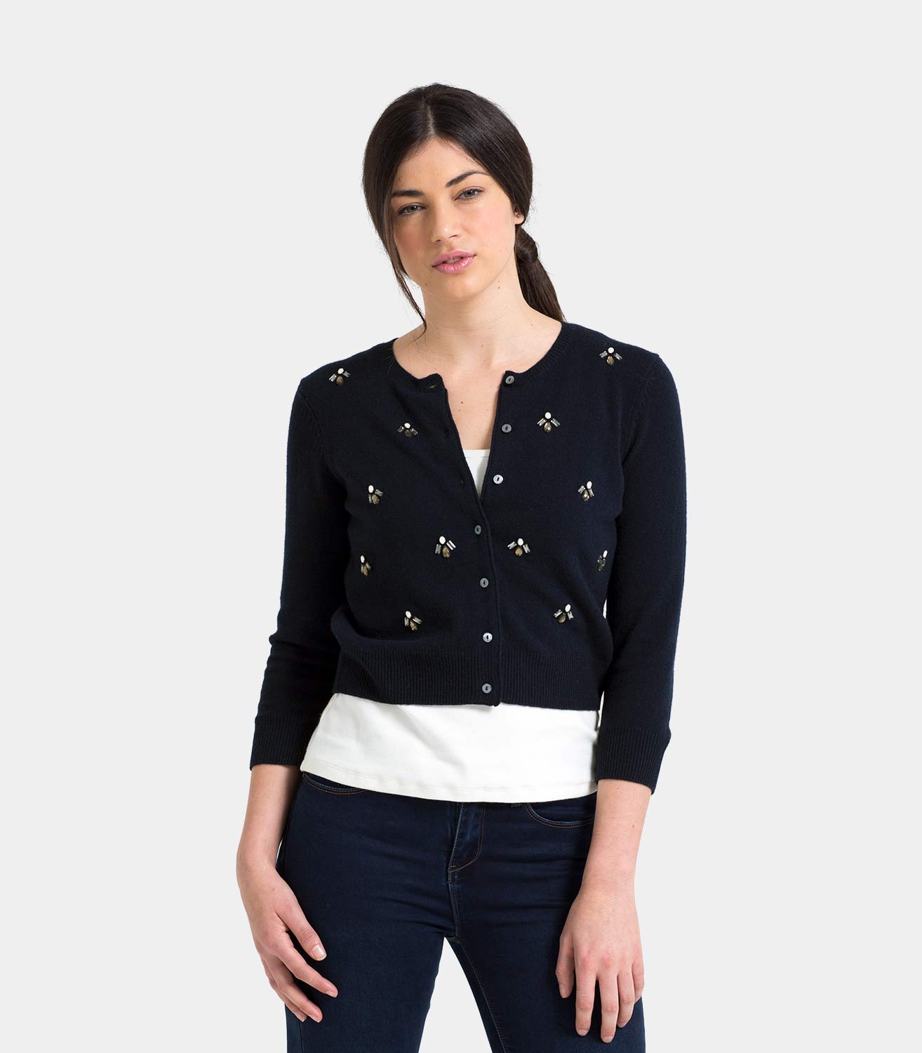 Peacock Navy Womens Cashmere & Merino Embellished Crop Crew Cardigan