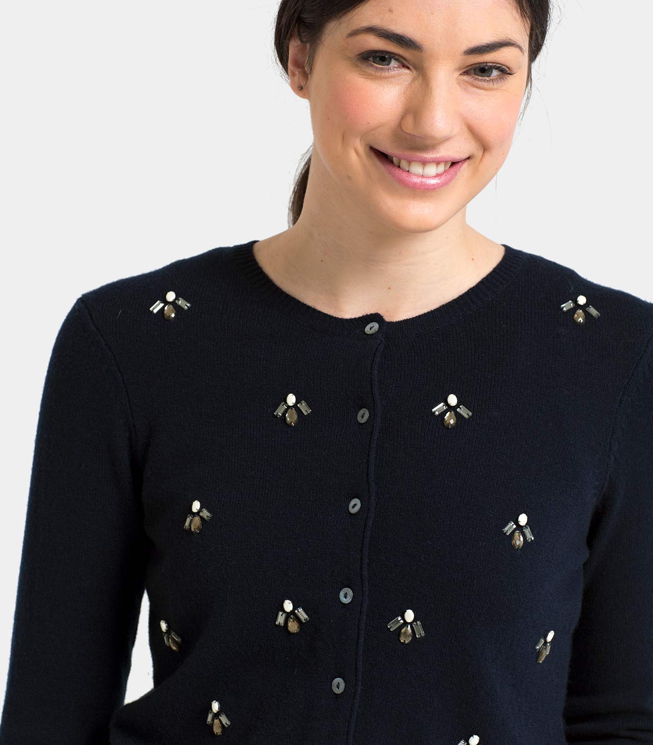 Peacock Navy Womens Cashmere & Merino Embellished Crop Crew Cardigan