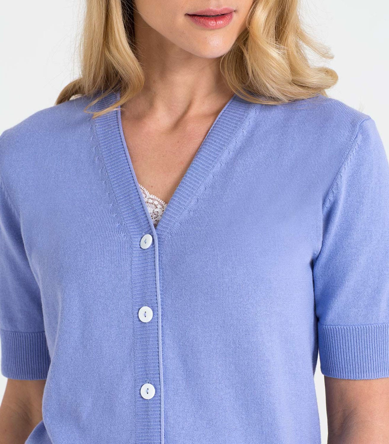 Dark Cornflower Womens Silk & Cotton Short Sleeved VNeck Cardigan