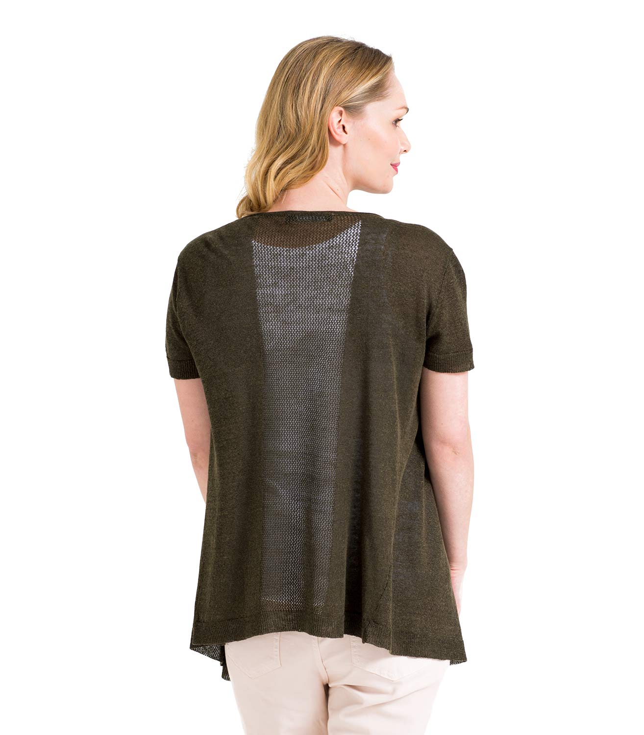 Forest Green Womens Lightweight Linen Mix Short Sleeve Waterfall Cardigan WoolOvers UK