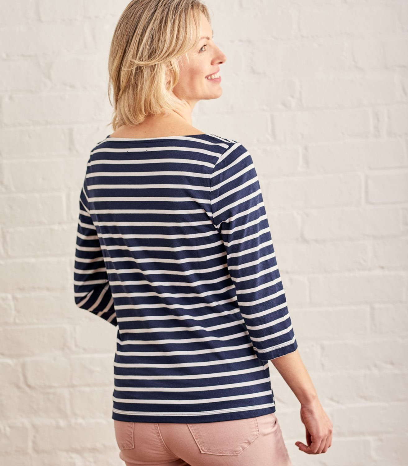 Navy/White 50% Cotton 50% Modal | Womens Jersey 3/4 Sleeve Boat Neck Tee