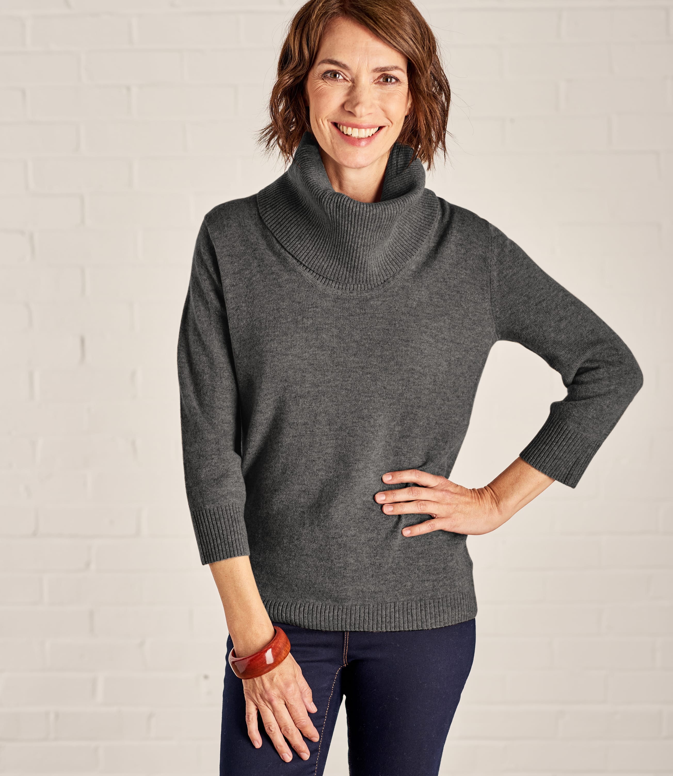 Charcoal | Womens Cashmere Merino Cowl Neck Jumper | WoolOvers UK