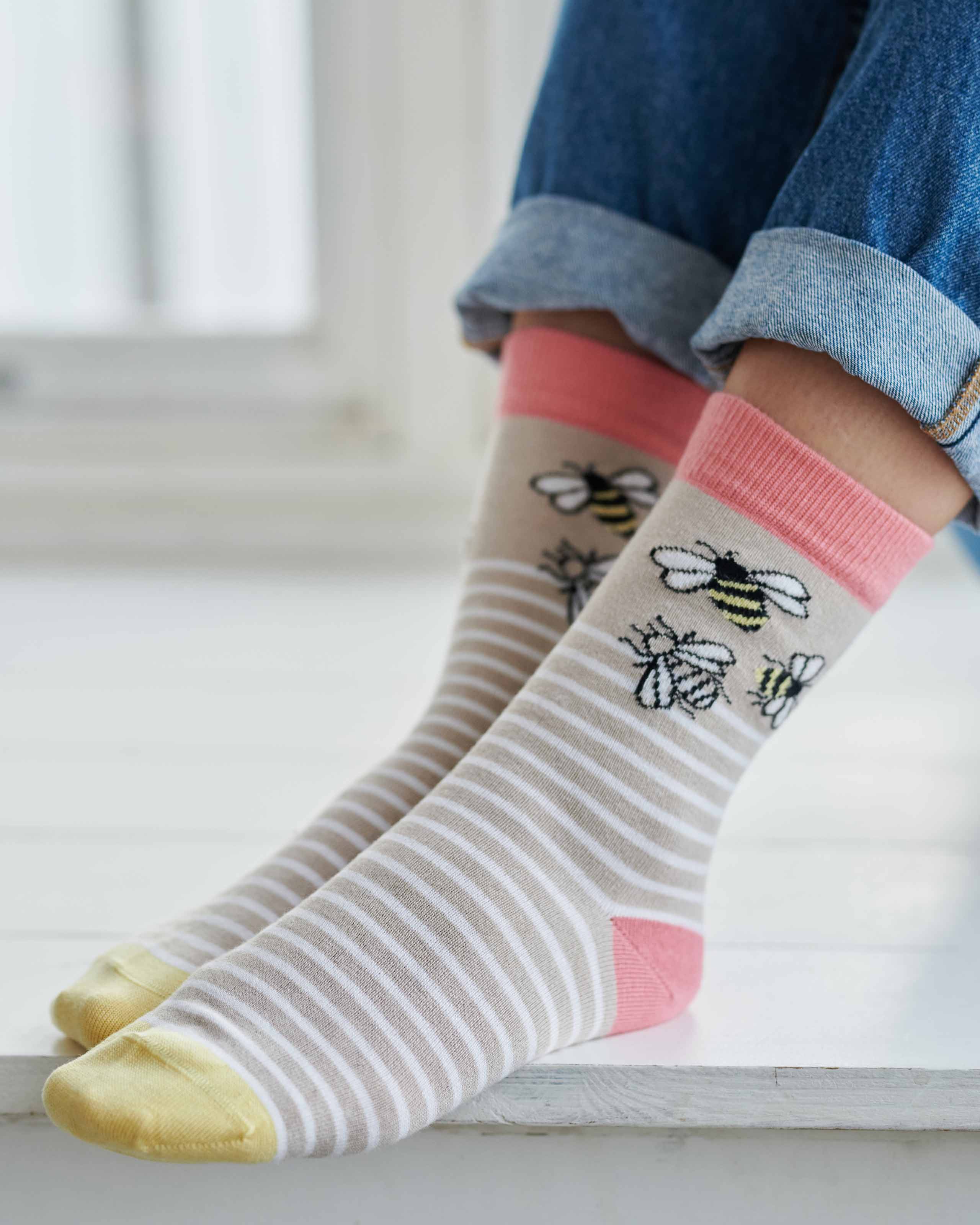Grey/Pink/Yellow Womens Bumble Bee Sock WoolOvers US