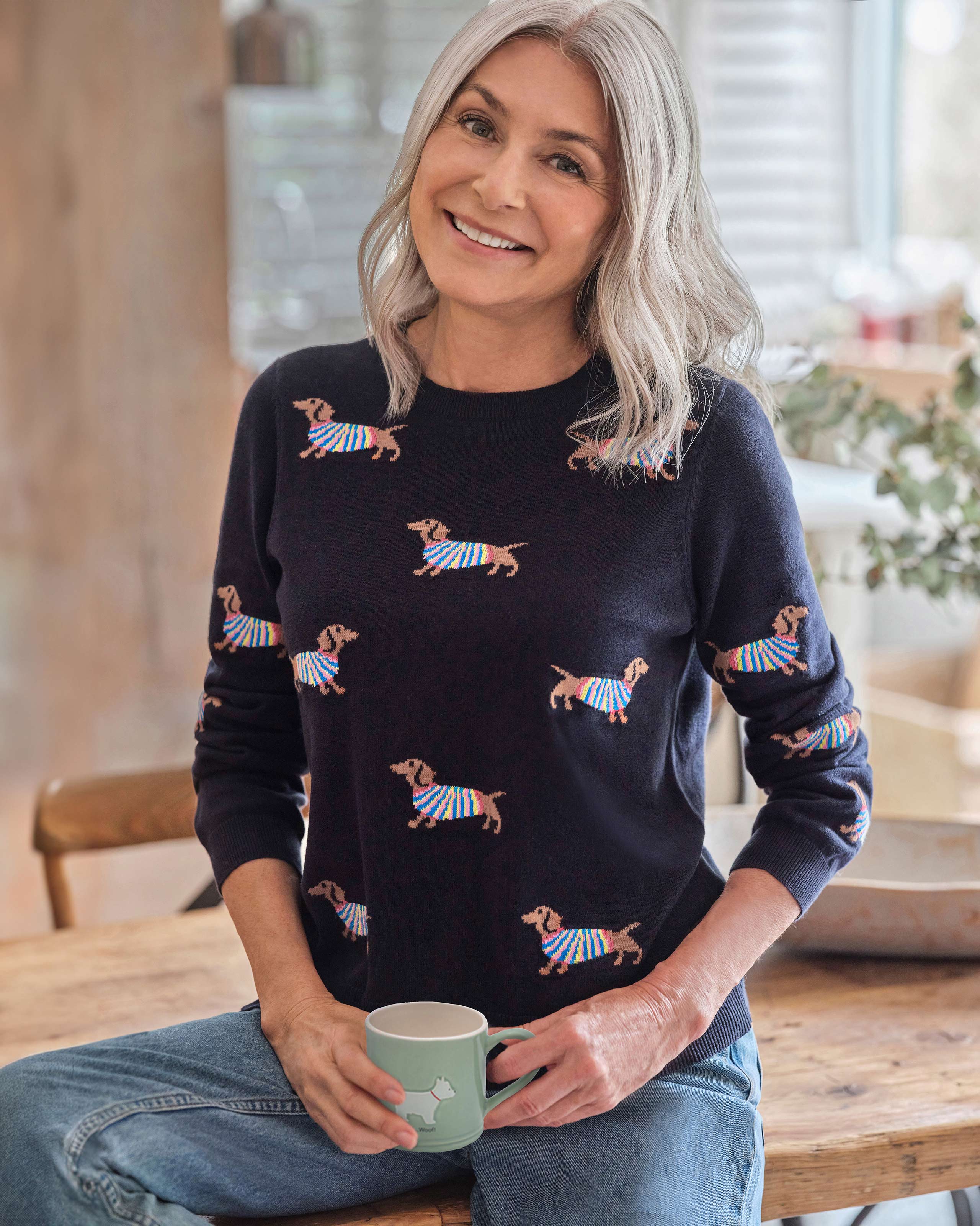 Navy Multi Button Back Sausage Dog Jumper WoolOvers UK