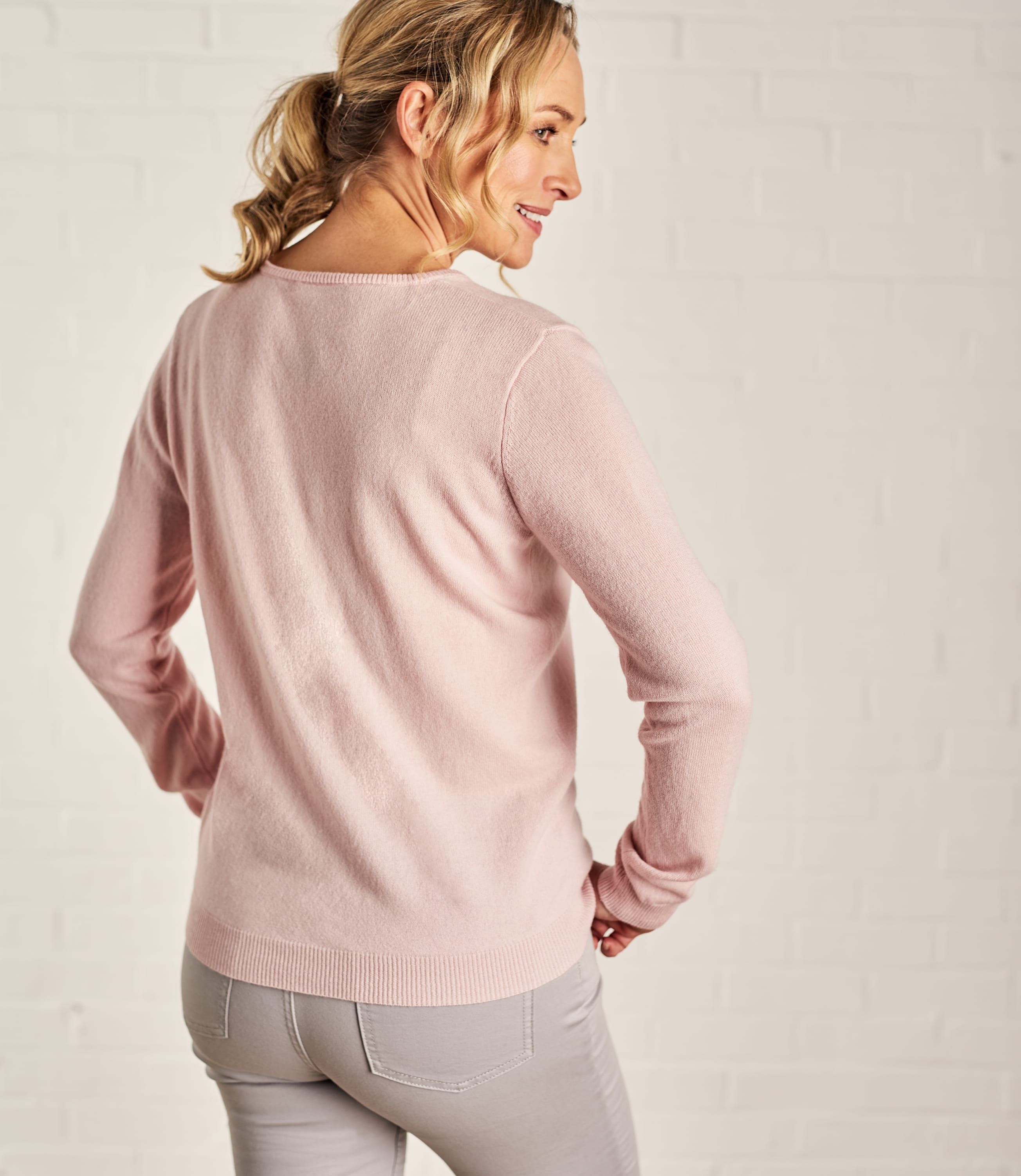 Pale Pink Womens Cashmere & Merino V Neck Knitted Sweater WoolOvers UK