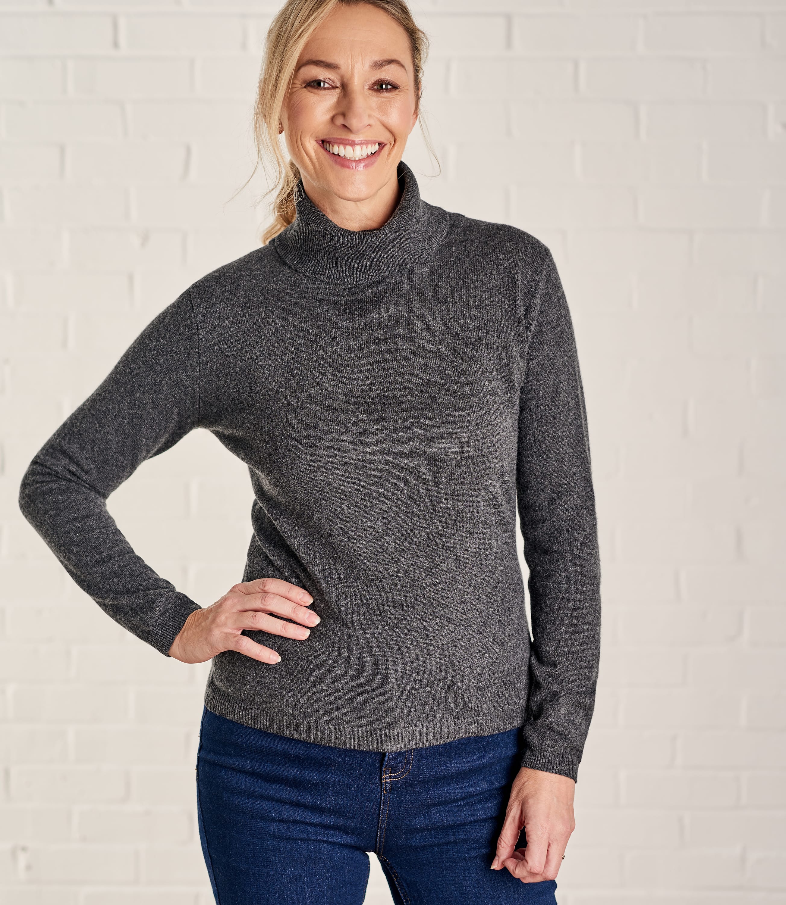 Charcoal | Womens Cashmere & Merino Fitted Polo Neck Knitted Jumper ...