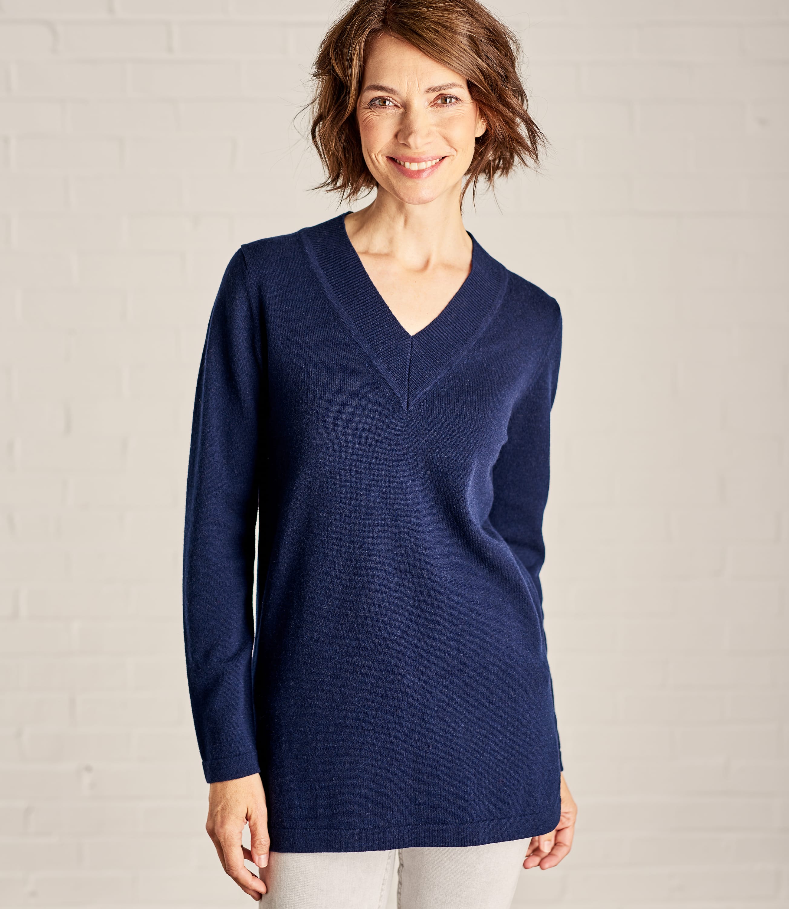 Navy Womens Cashmere And Merino Relaxed V Neck Tunic Woolovers Us