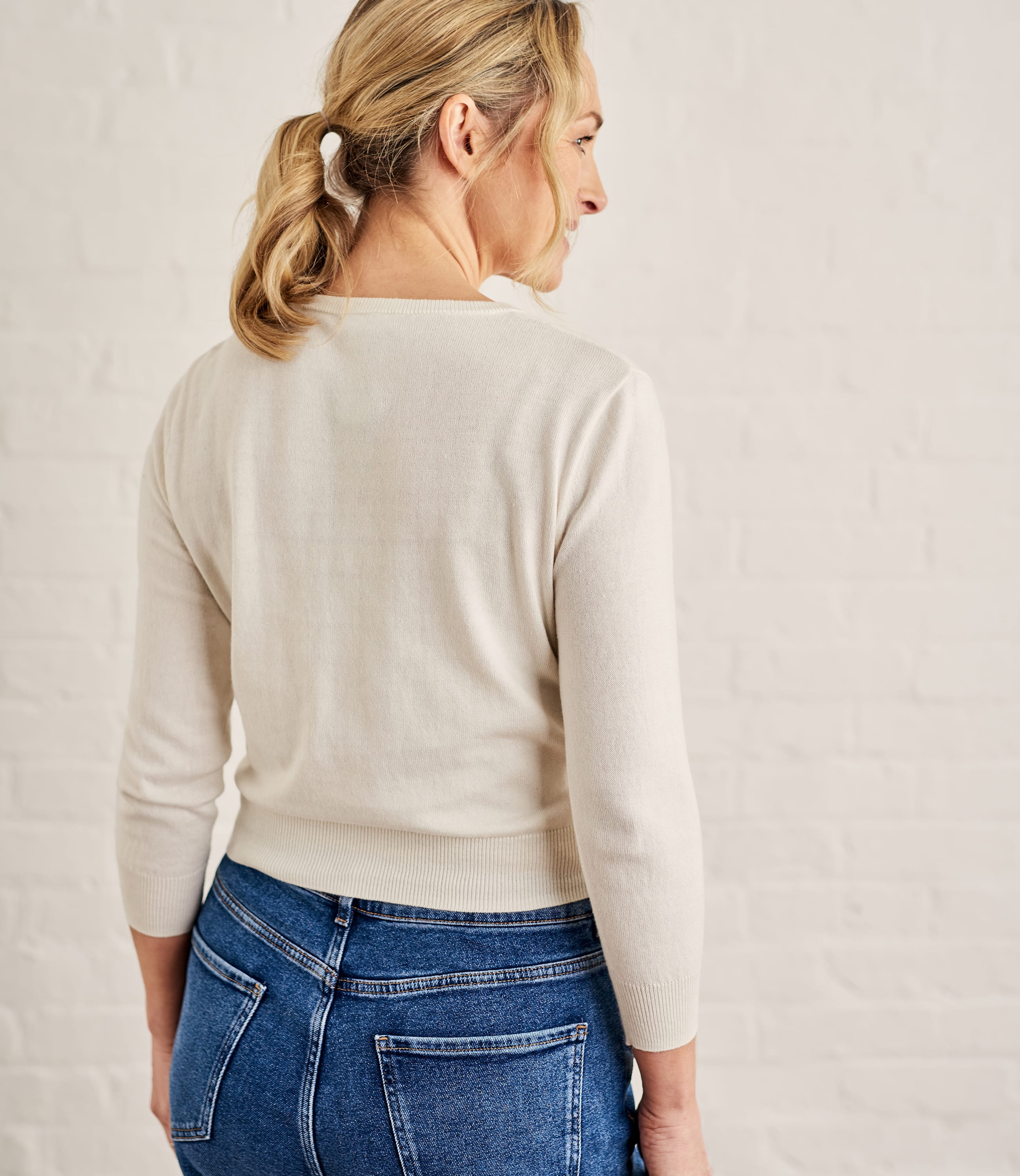 Cream 30% Silk & 70% Cotton | Womens Silk & Cotton 3/4 Sleeve Crop Cardigan