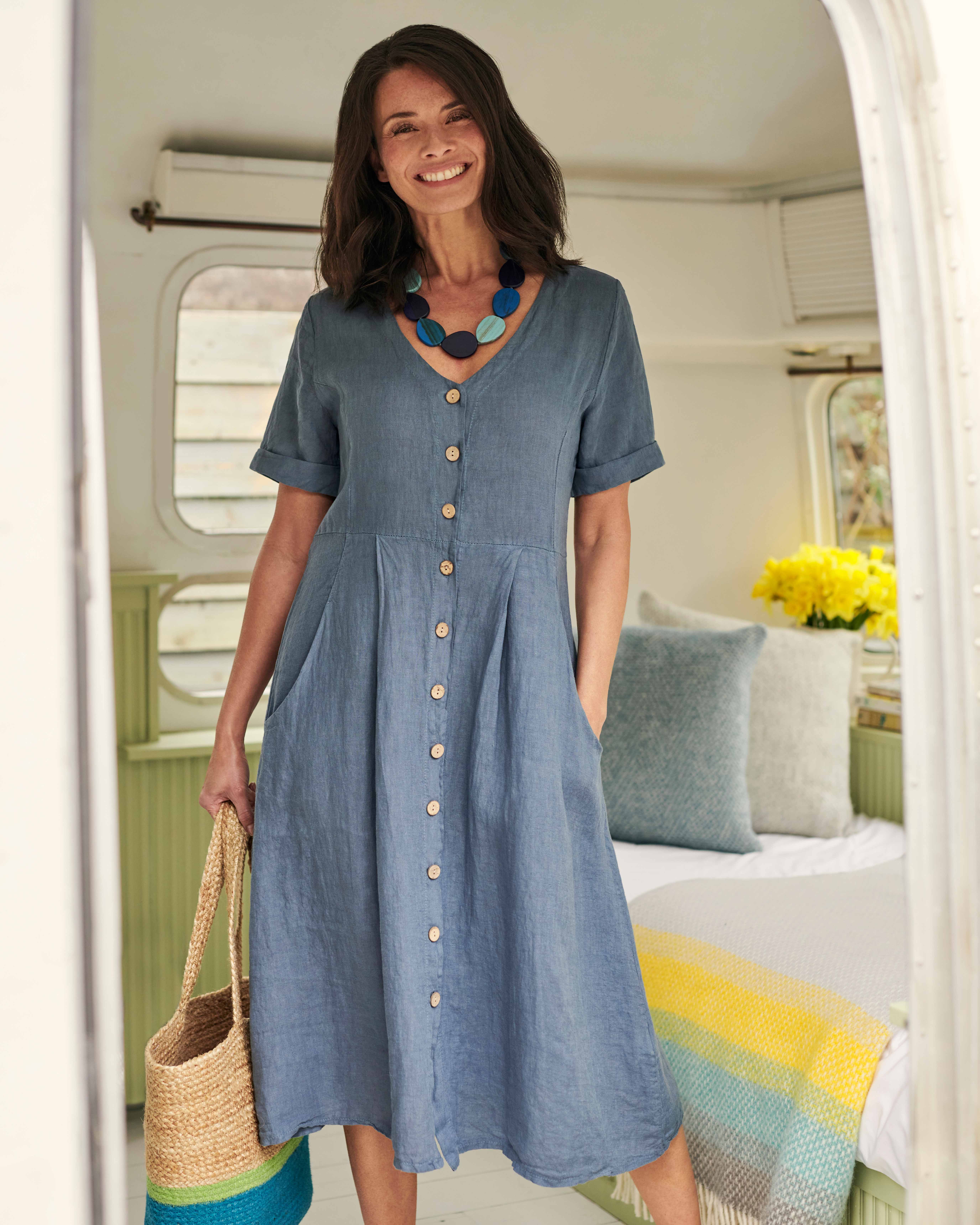 Buy > denim linen dress > in stock