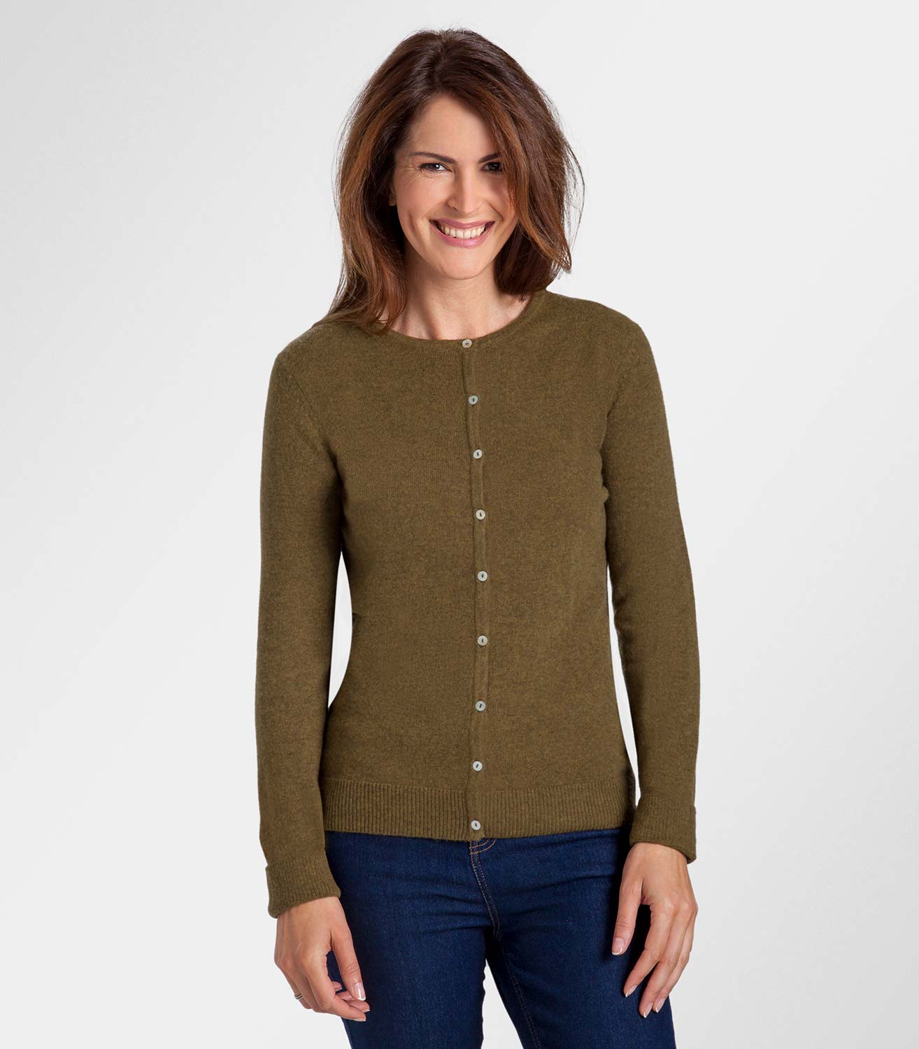 Fern Green Womens Pure Cashmere Crew Neck Cardigan WoolOvers AU