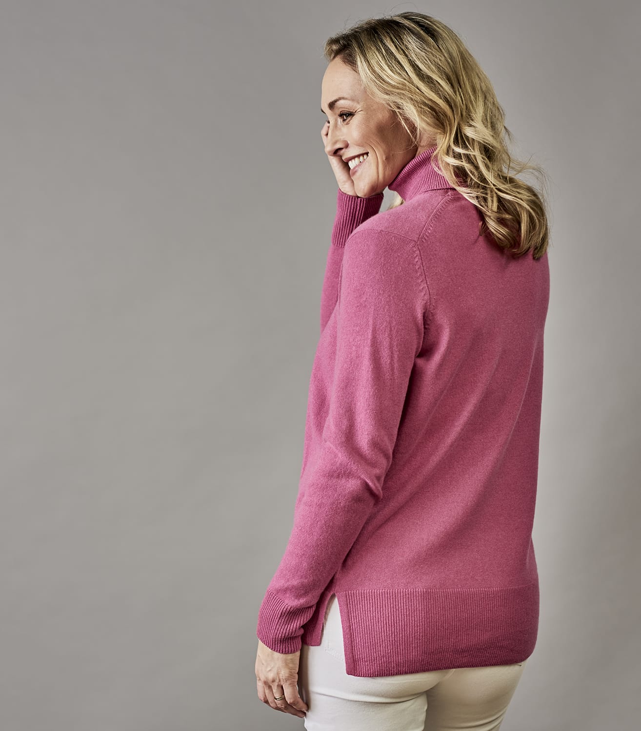 Peony Pink Womens Pure Cashmere Roll Neck Jumper Woolovers Au