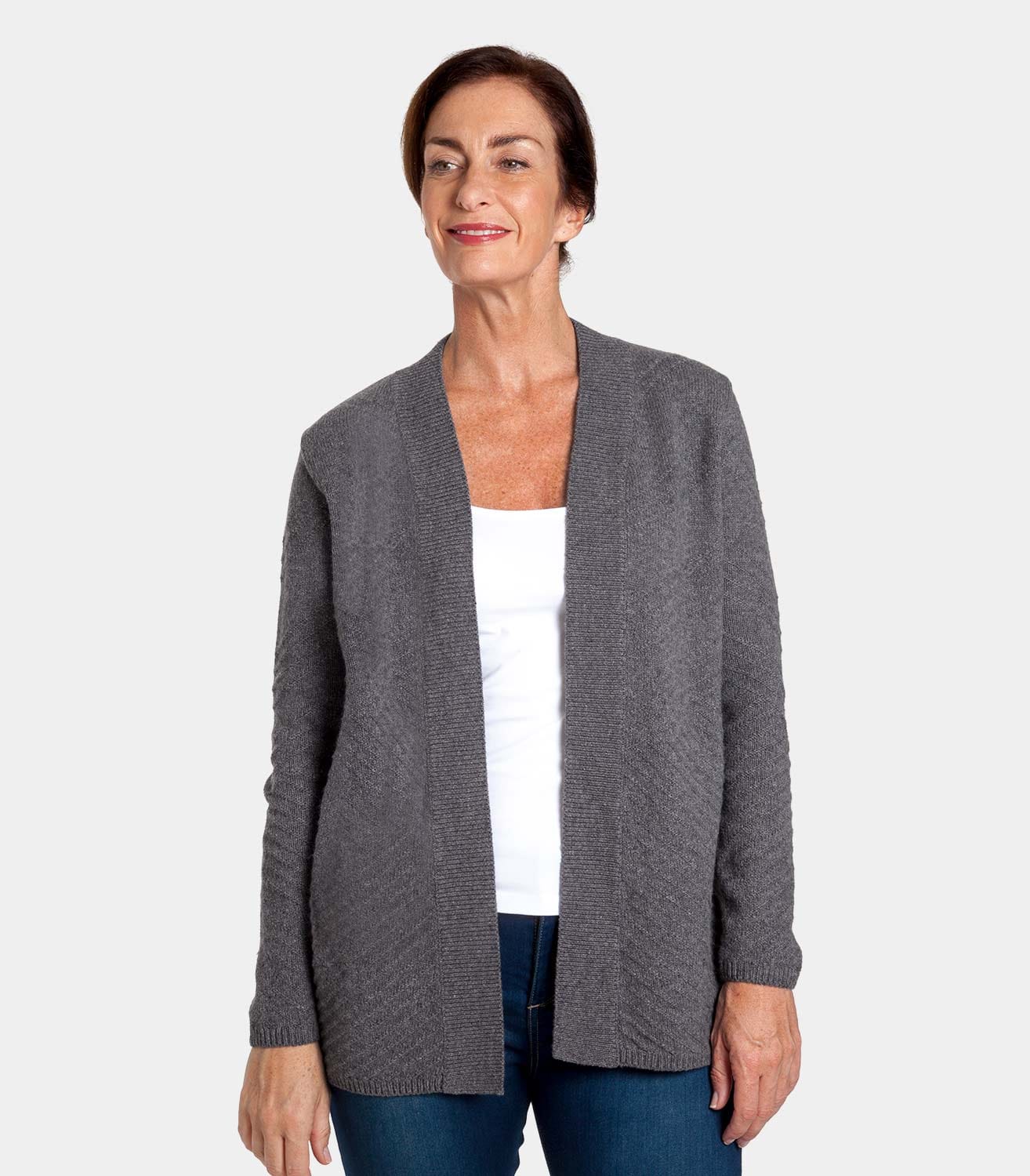 Charcoal Womens Lambswool Textured Edge To Edge Cardigan WoolOvers UK