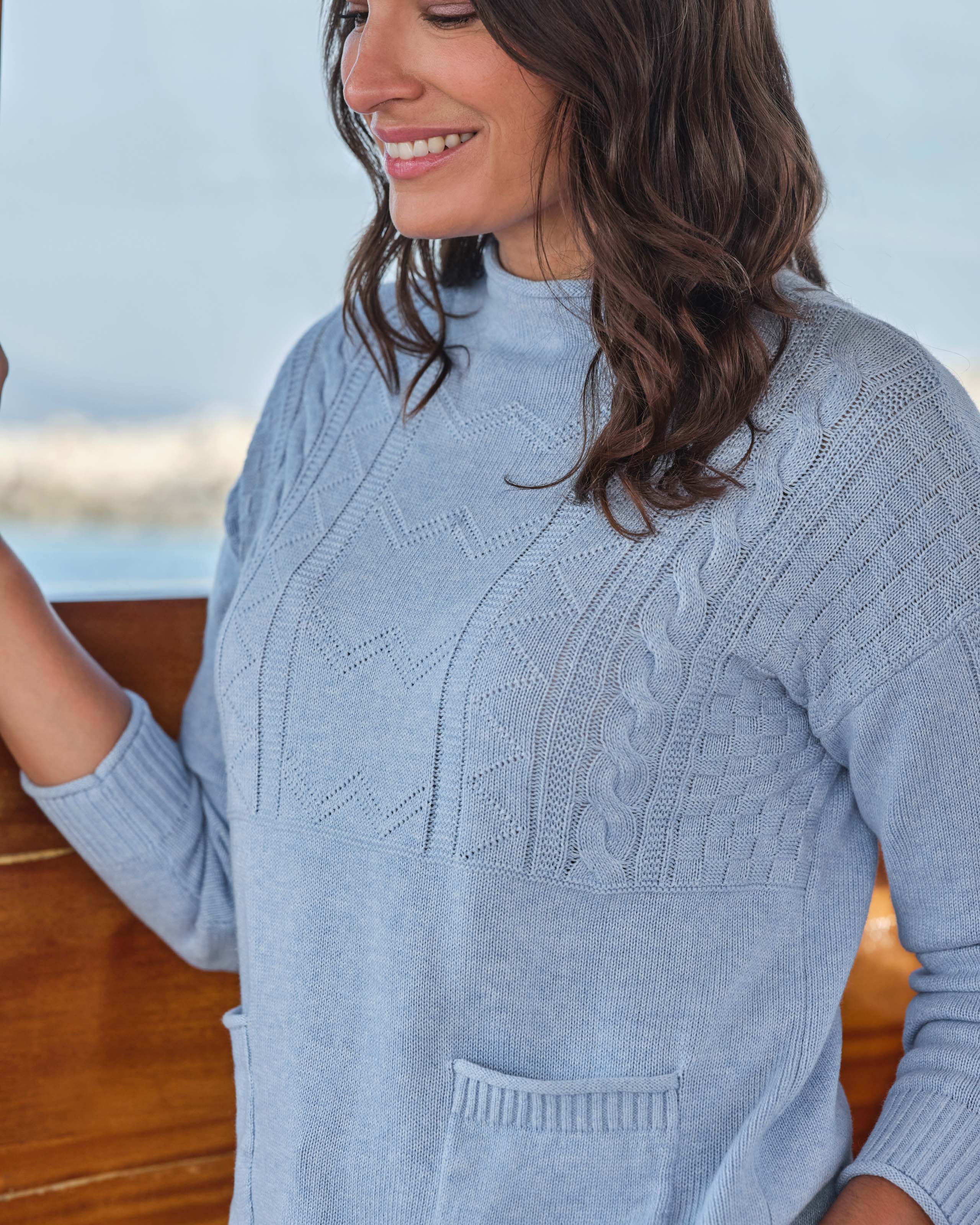 Soft Blue Cable Cotton Rich Guernsey Jumper WoolOvers UK