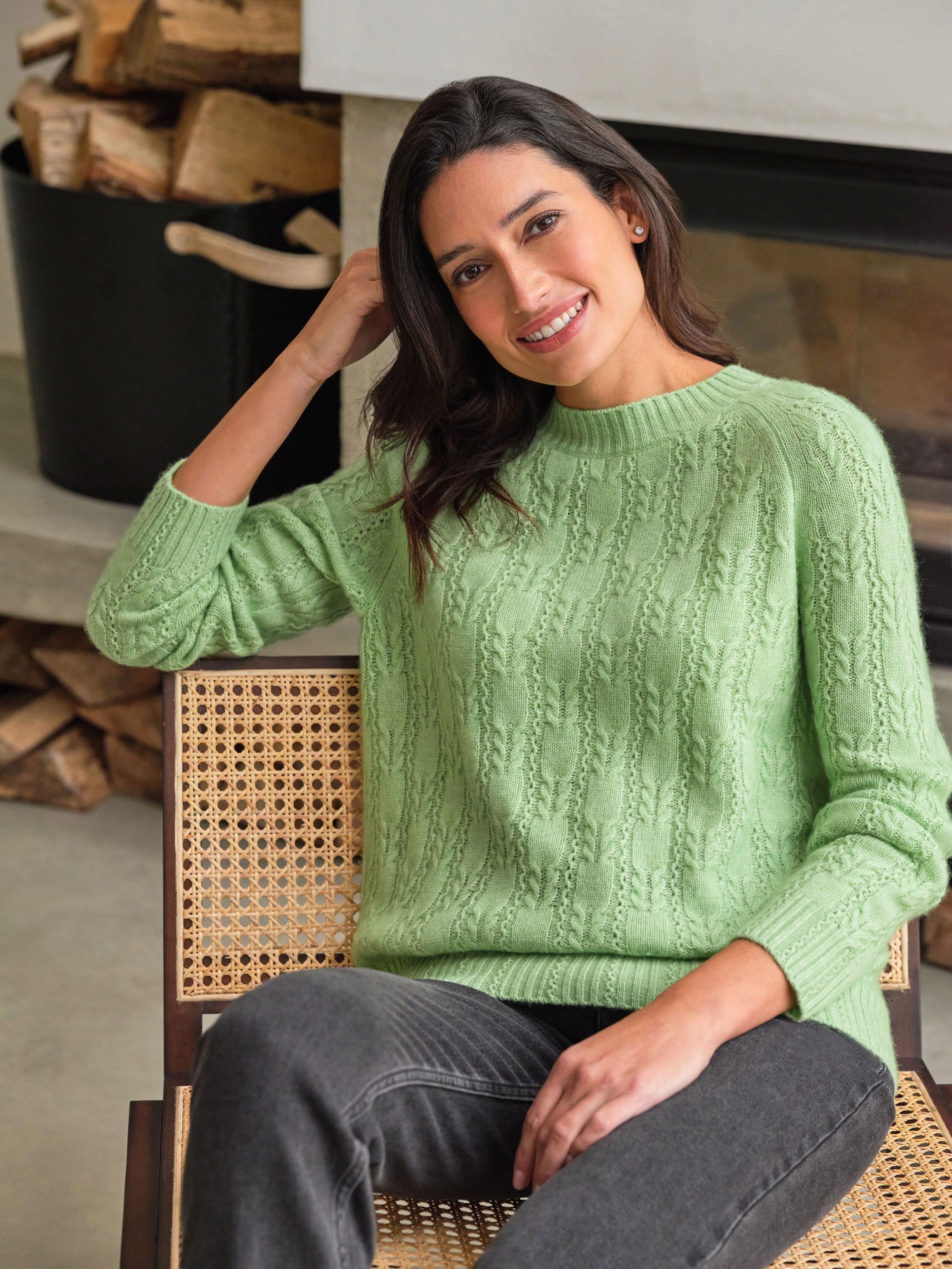 Soft Green | Wool Cashmere Squiggle Cable Jumper | WoolOvers UK
