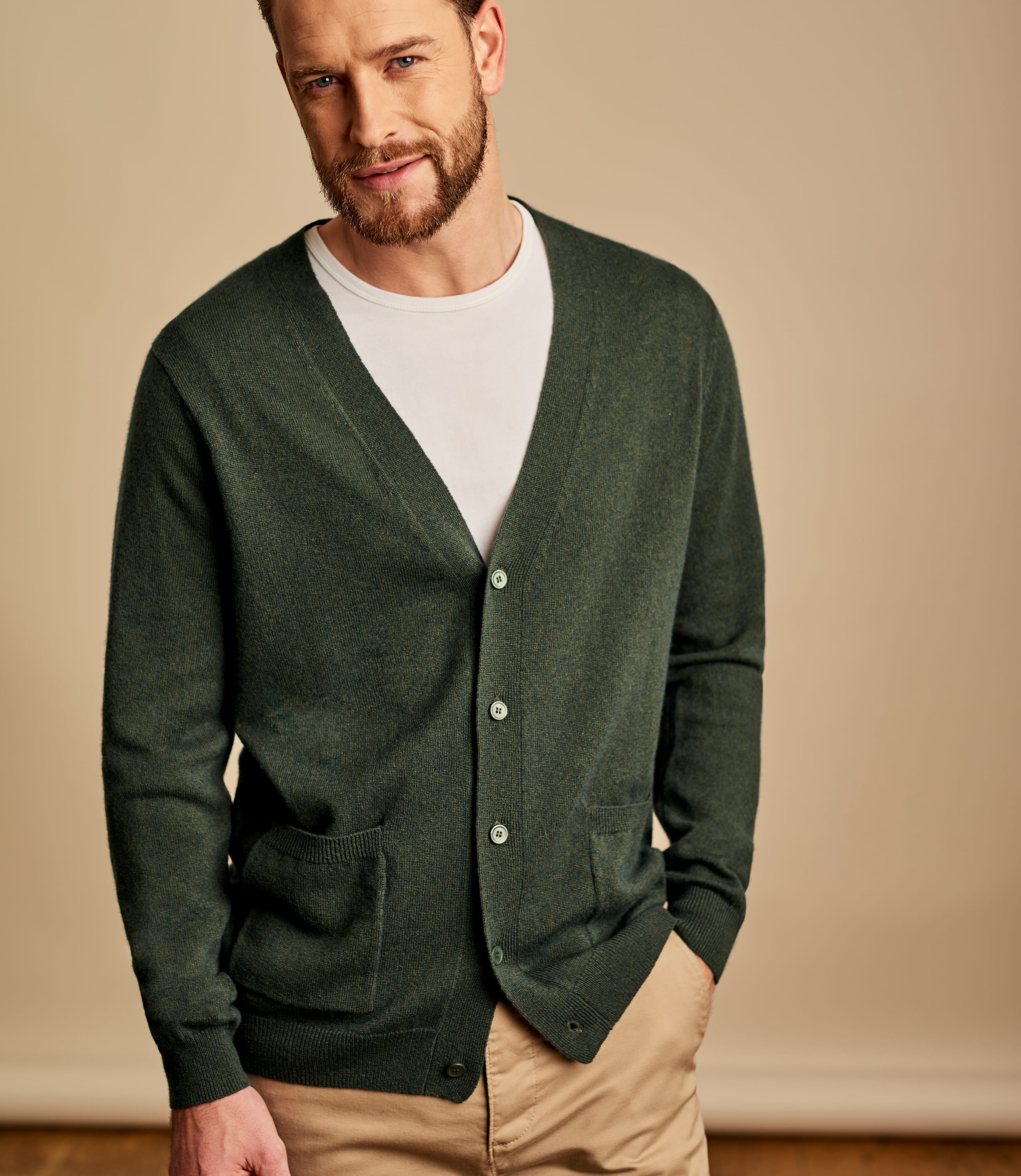 Tweed Green | Cashmere & Merino V Neck Cardigan | WoolOvers UK