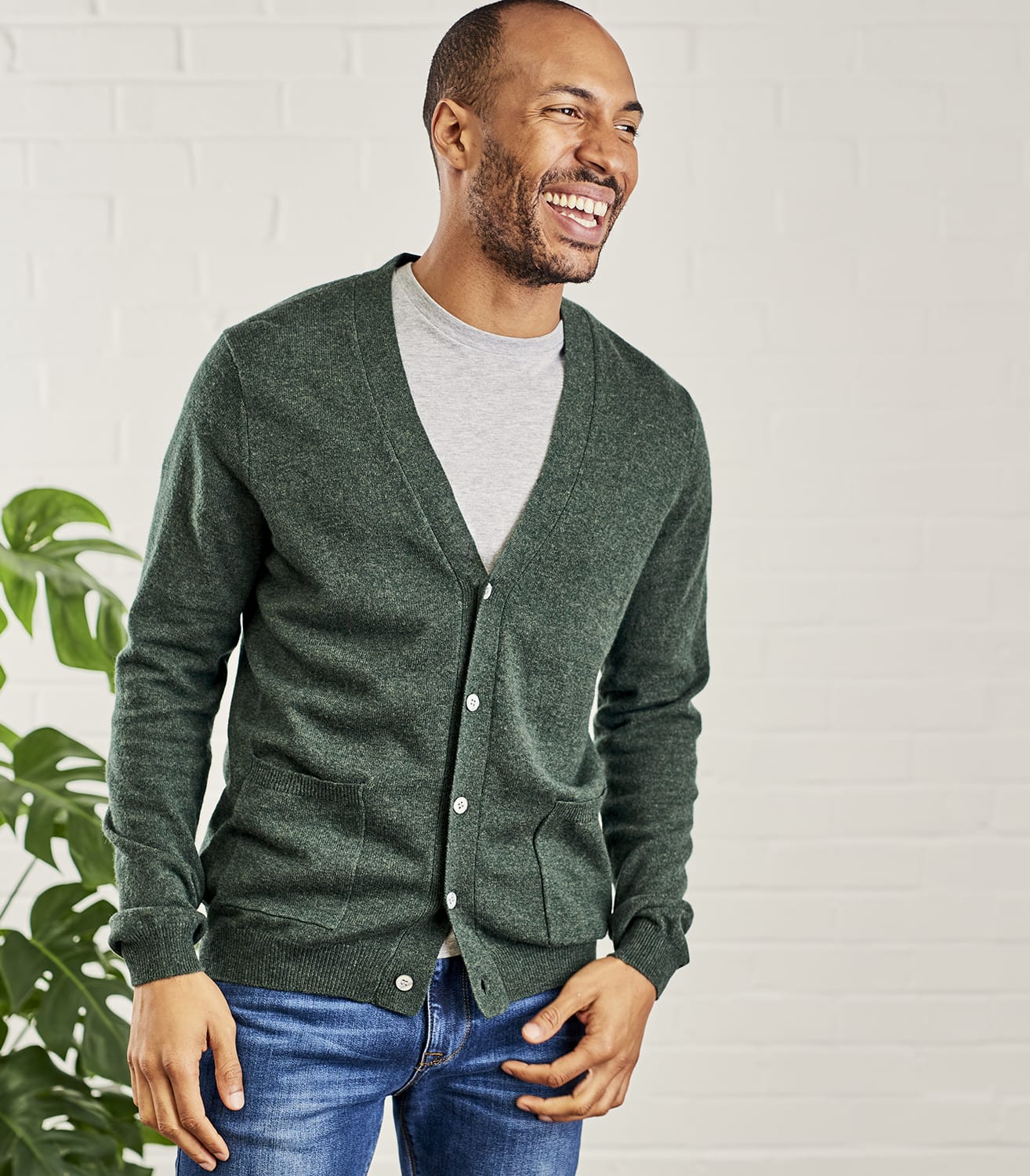 Tweed Green Mens Cashmere & Merino V Neck Cardigan WoolOvers UK