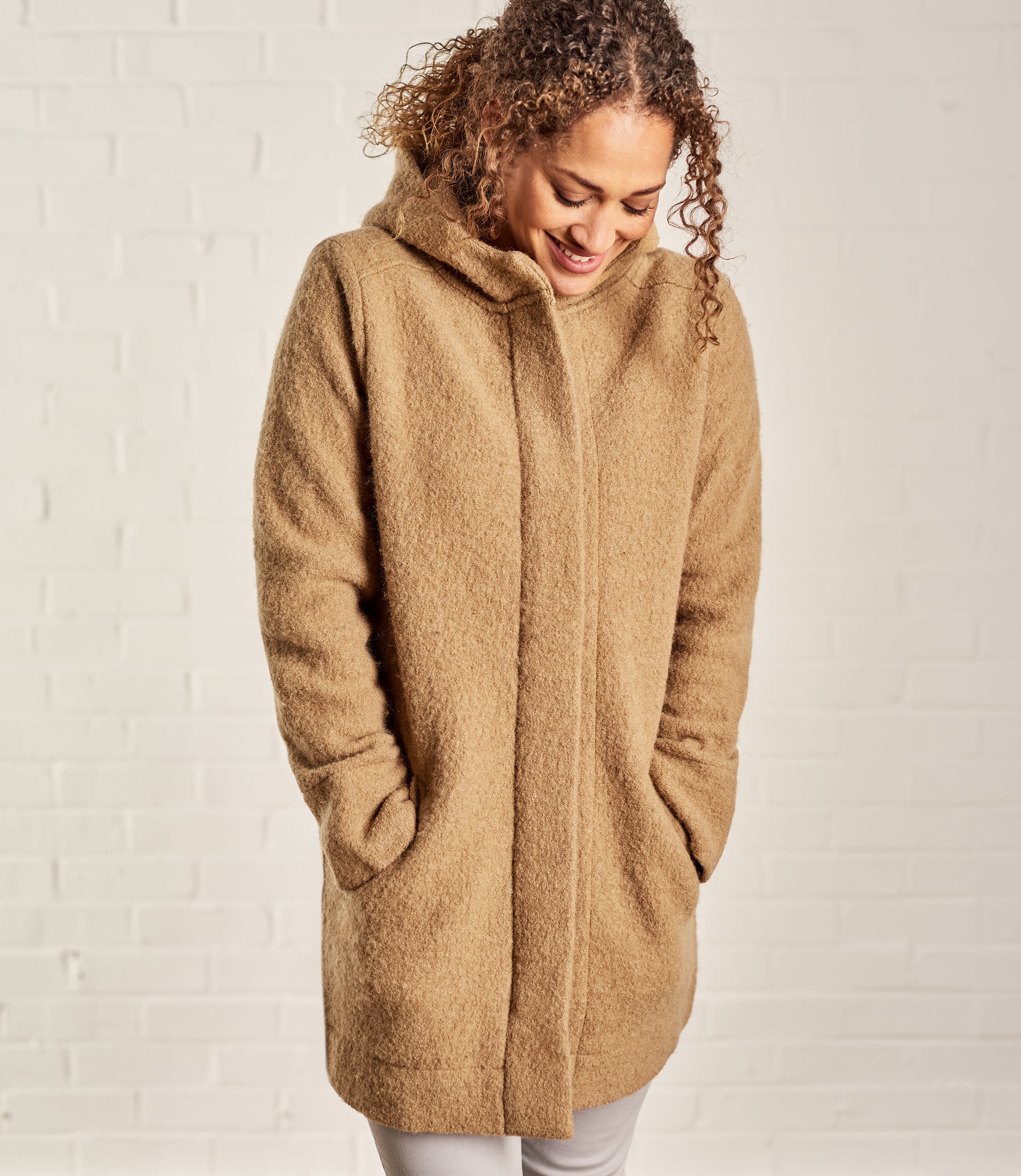Manteau à capuche en laine bouillie - Femme - Pure Laine S Cognac