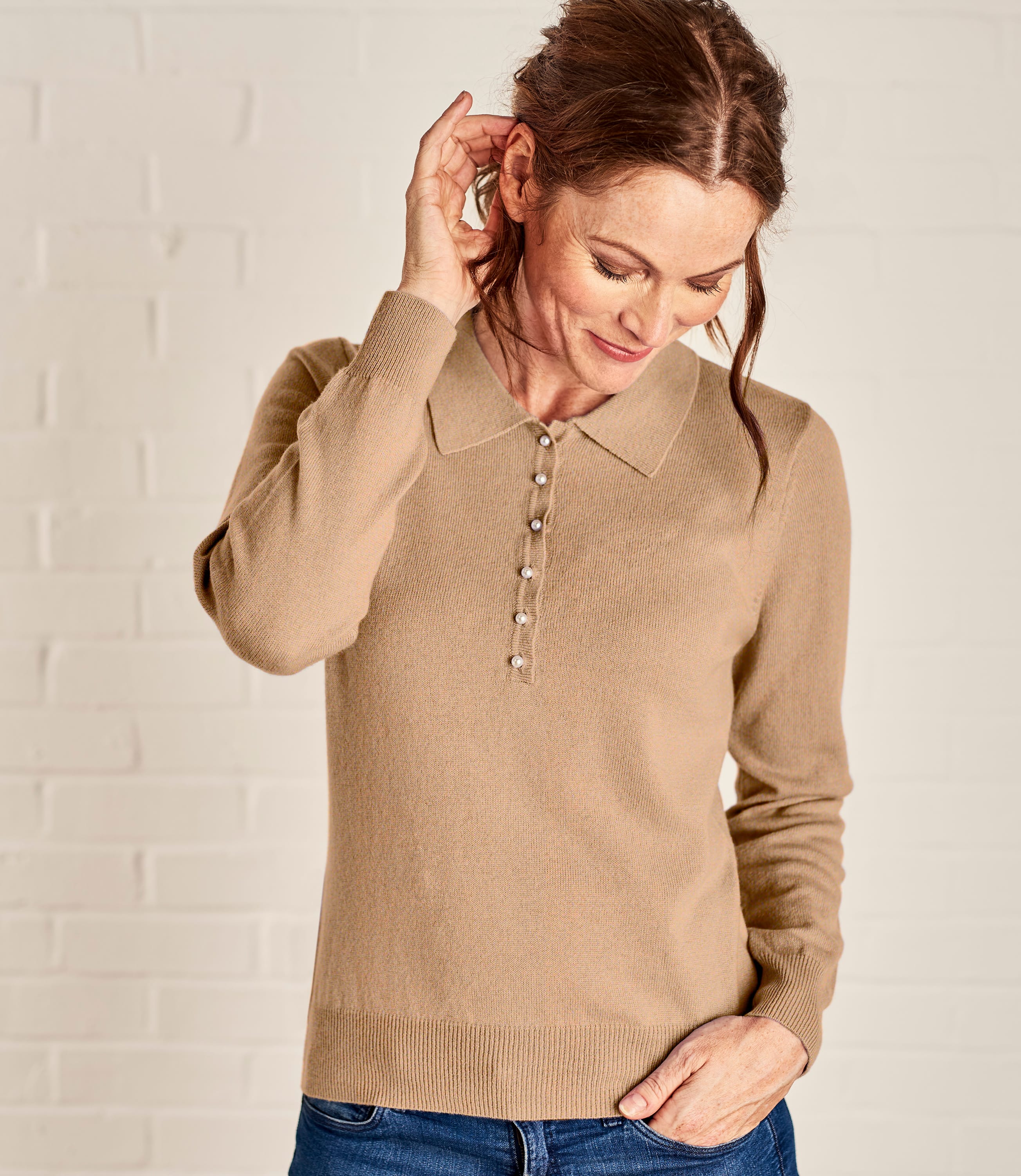 Camel Ladies Cashmere & Merino Knitted Polo Shirt WoolOvers UK