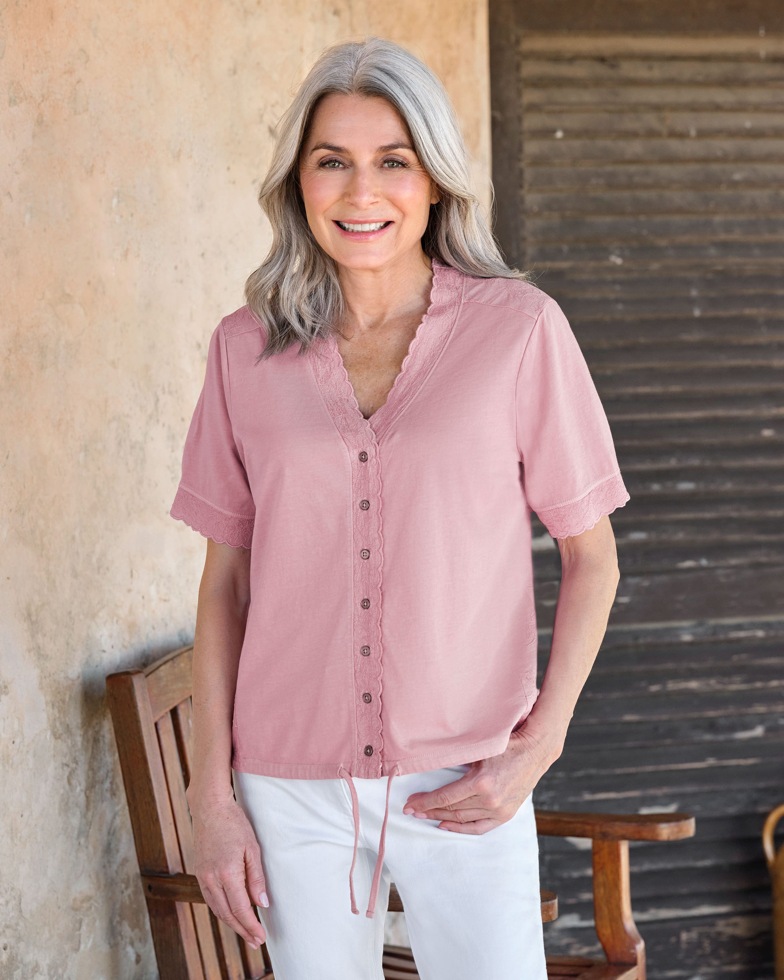 Dusty Pink Button Through Embroidered Back Top WoolOvers UK