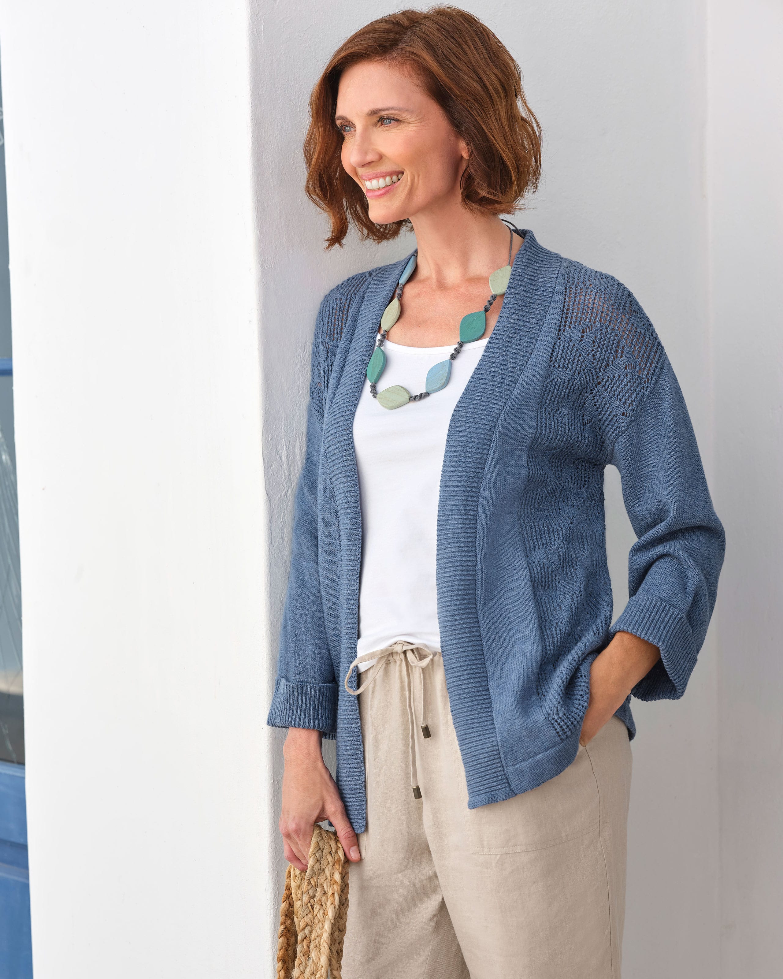 Denim | Edge to Edge Pointelle Panel Cardigan | WoolOvers AU