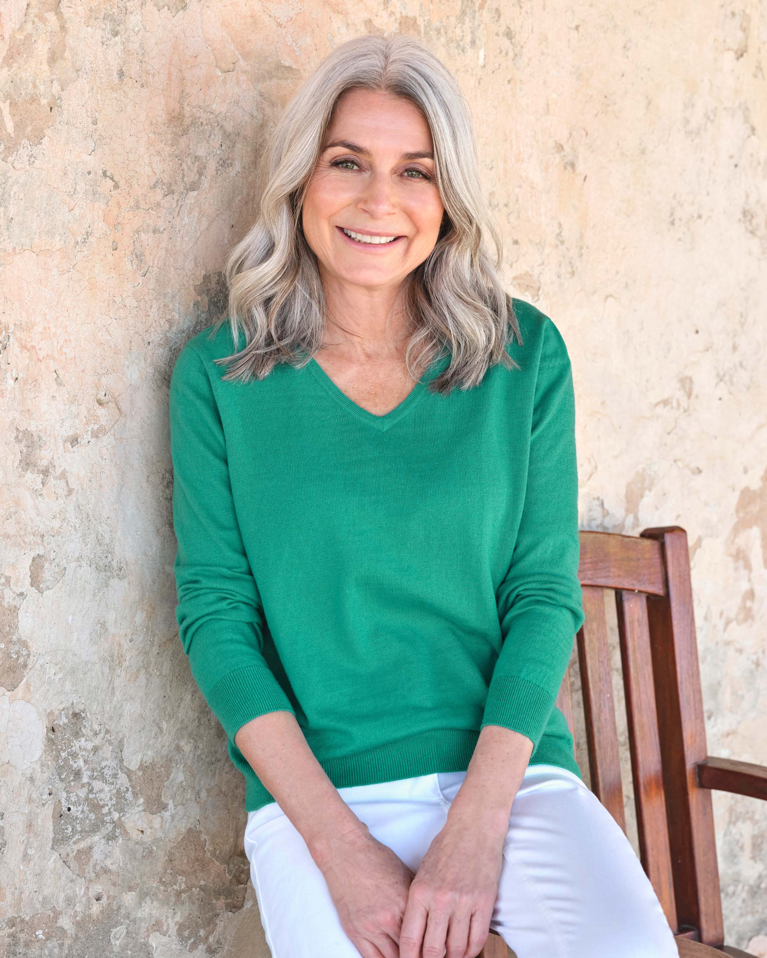 Green Cotton Cashmere V Neck Jumper Woolovers Au