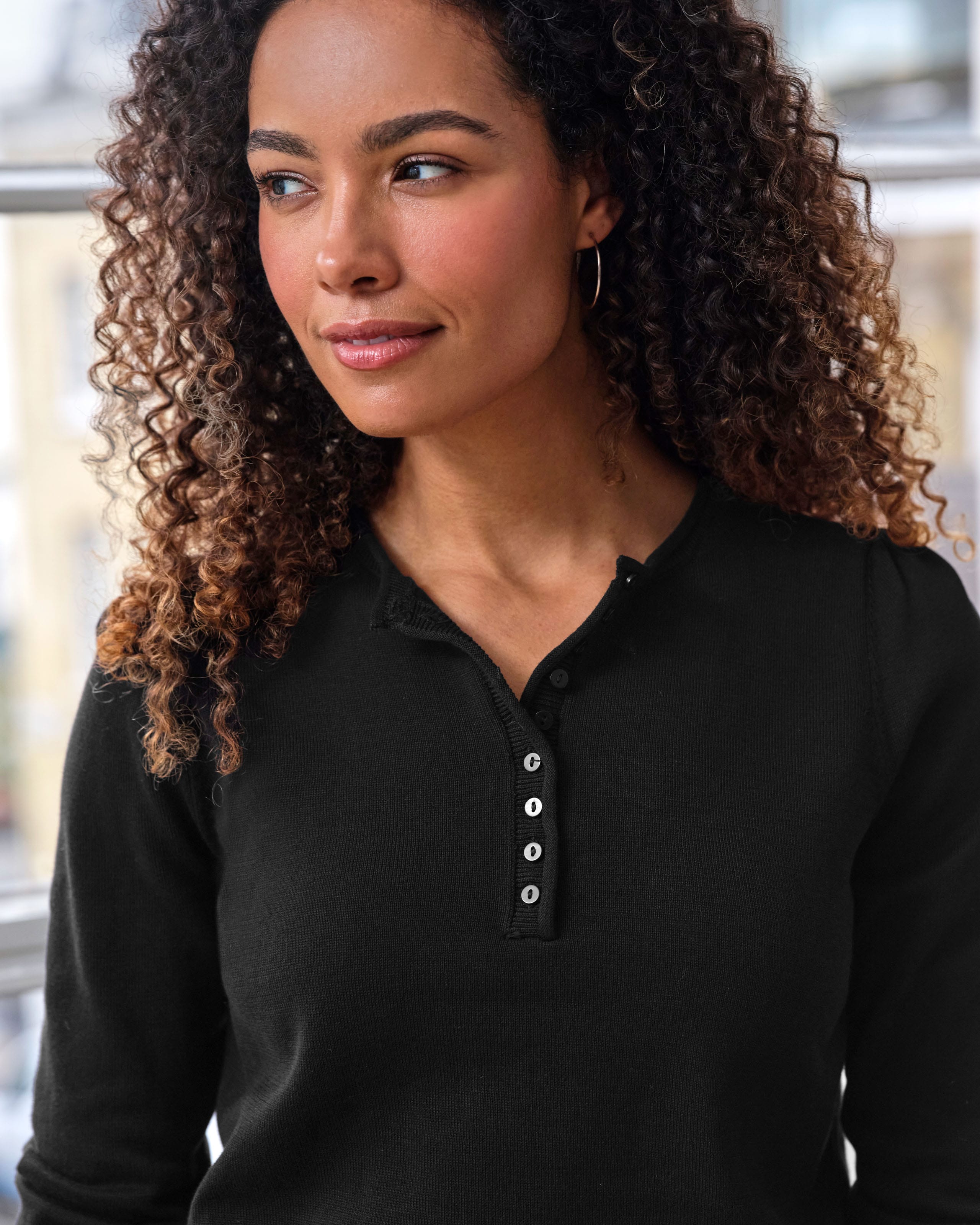 Black | Dua Organic Cotton Henley Jumper | WoolOvers UK