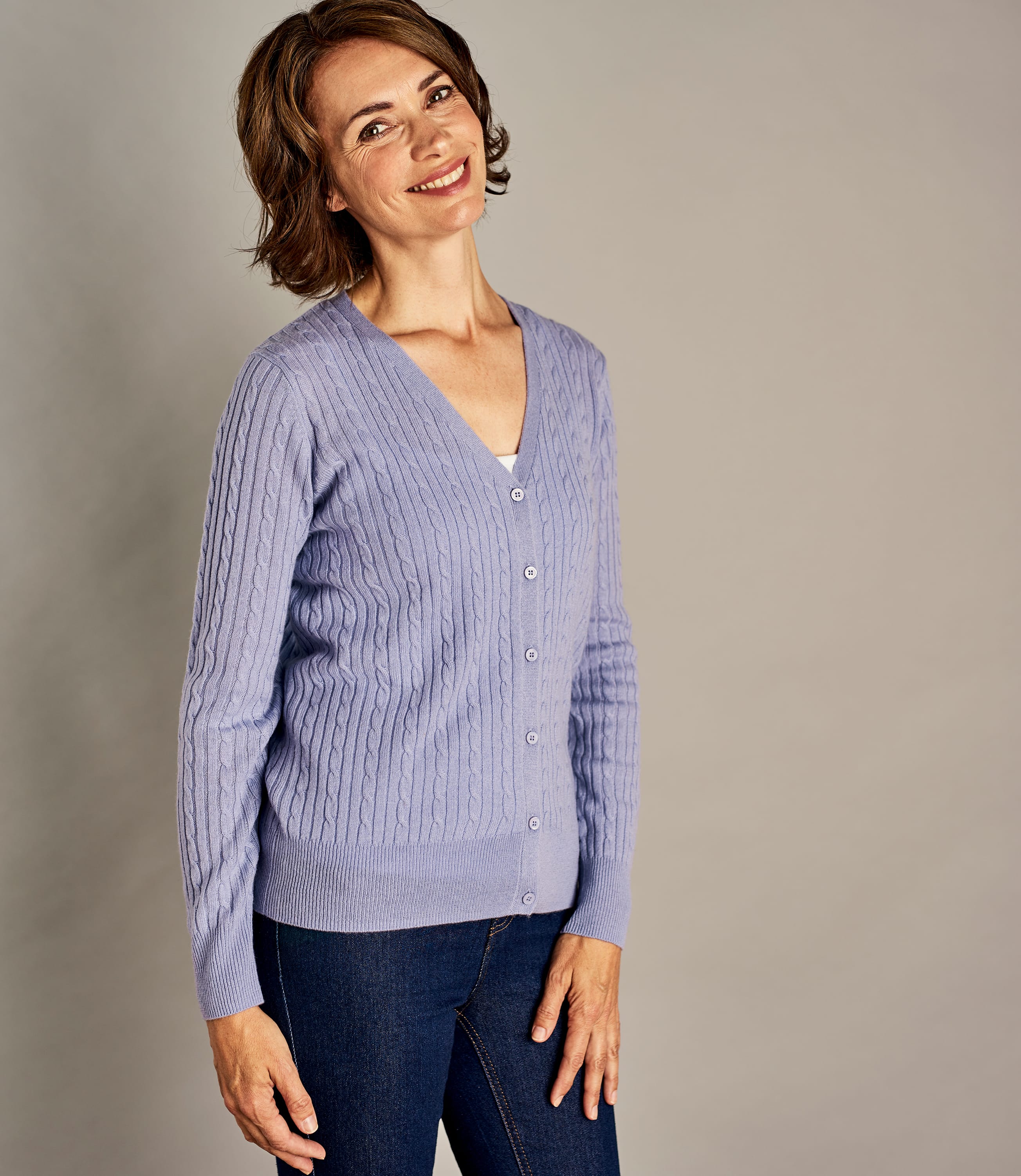 Lilac | Womens Cashmere Merino Cable V Neck Cardigan | WoolOvers AU