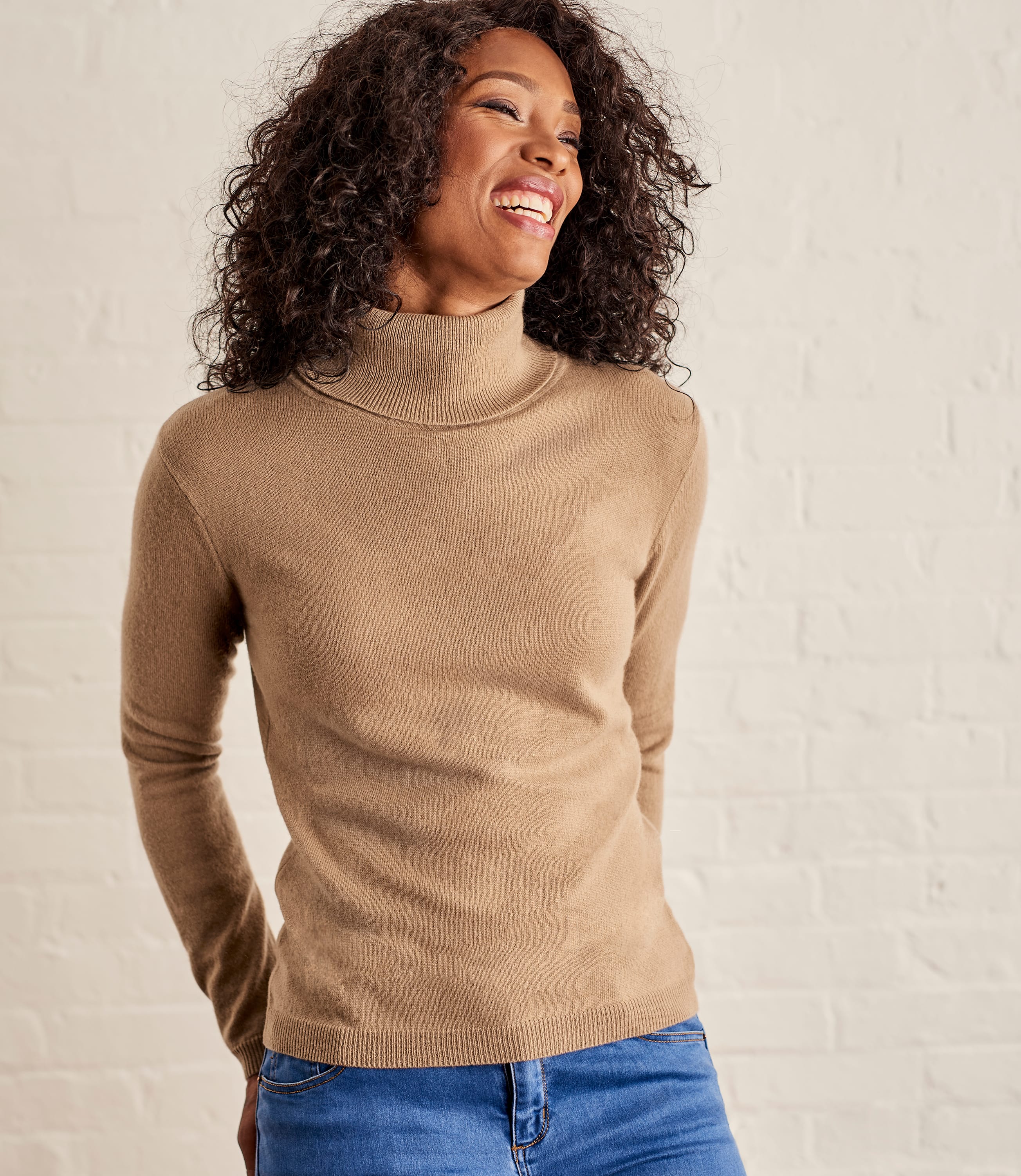 Camel Womens Cashmere & Merino Fitted Polo Neck Knitted Jumper