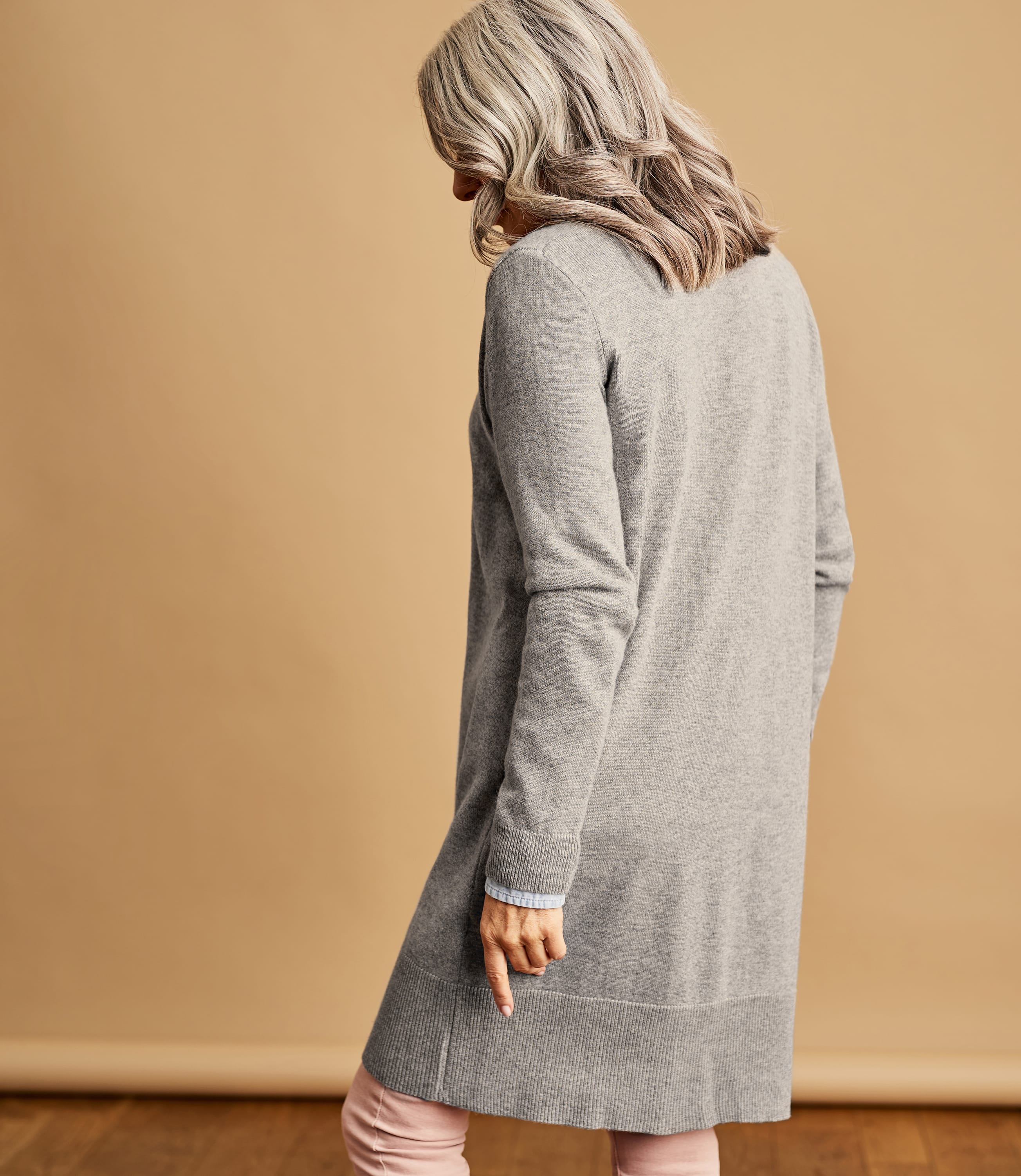 Grey Marl | Cashmere & Merino Open Long Cardigan | WoolOvers US