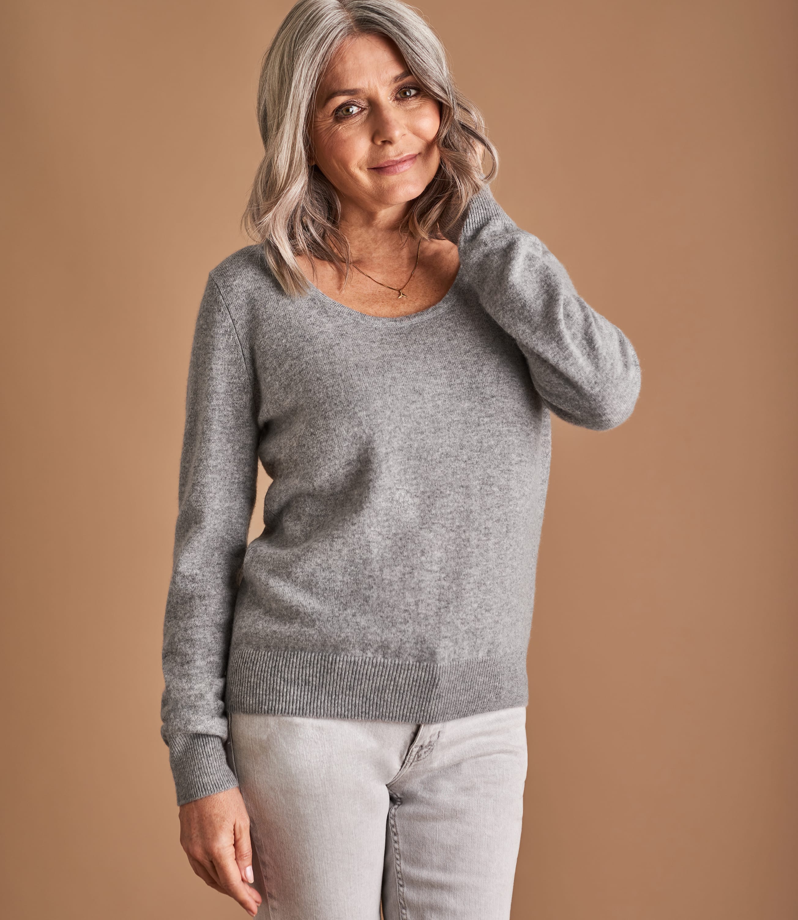 Grey Marl | Womens Cashmere & Merino Scoop Neck Jumper | WoolOvers AU