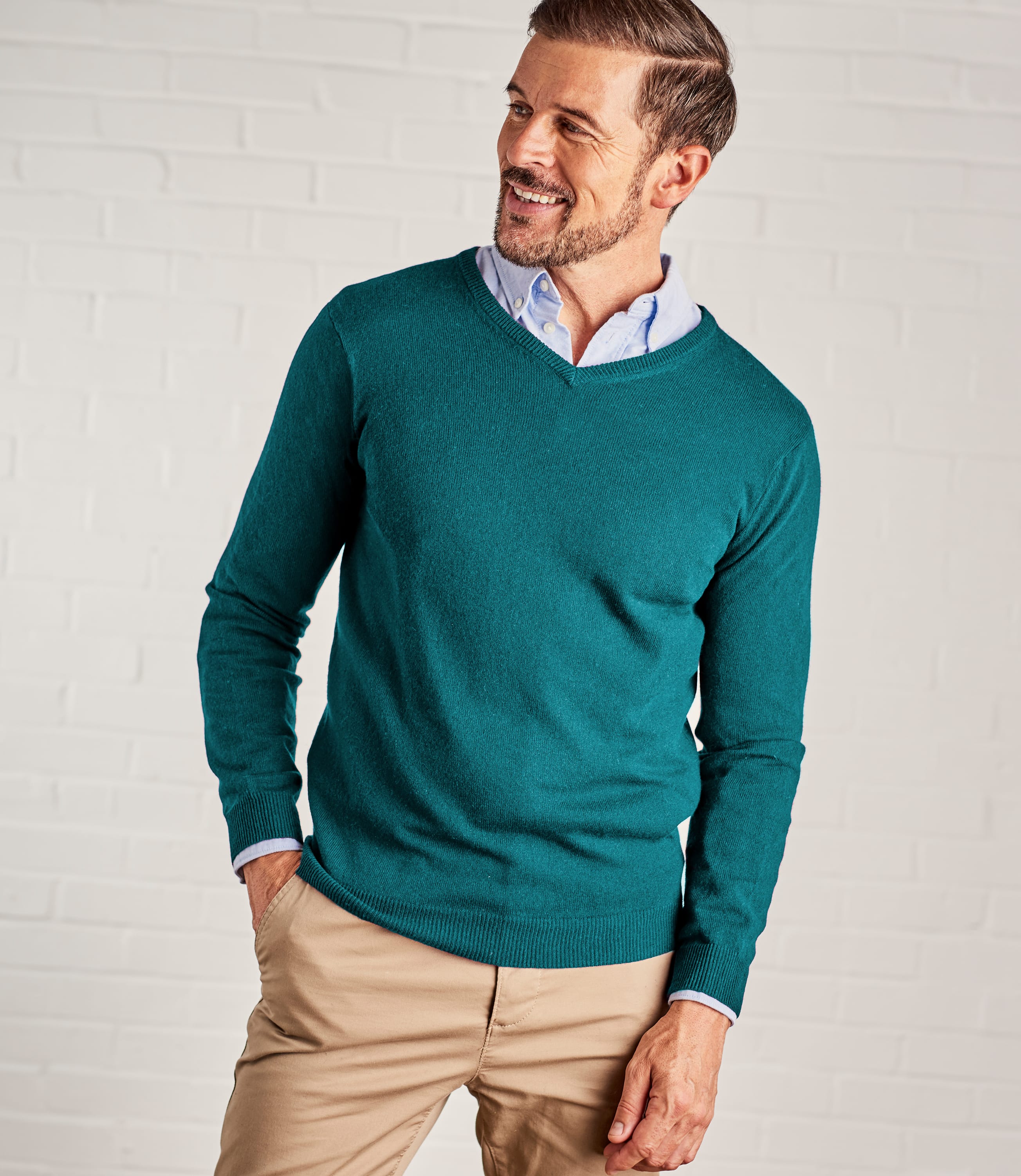Persian Teal | Mens Cashmere & Merino V Neck Knitted Sweater | WoolOvers UK