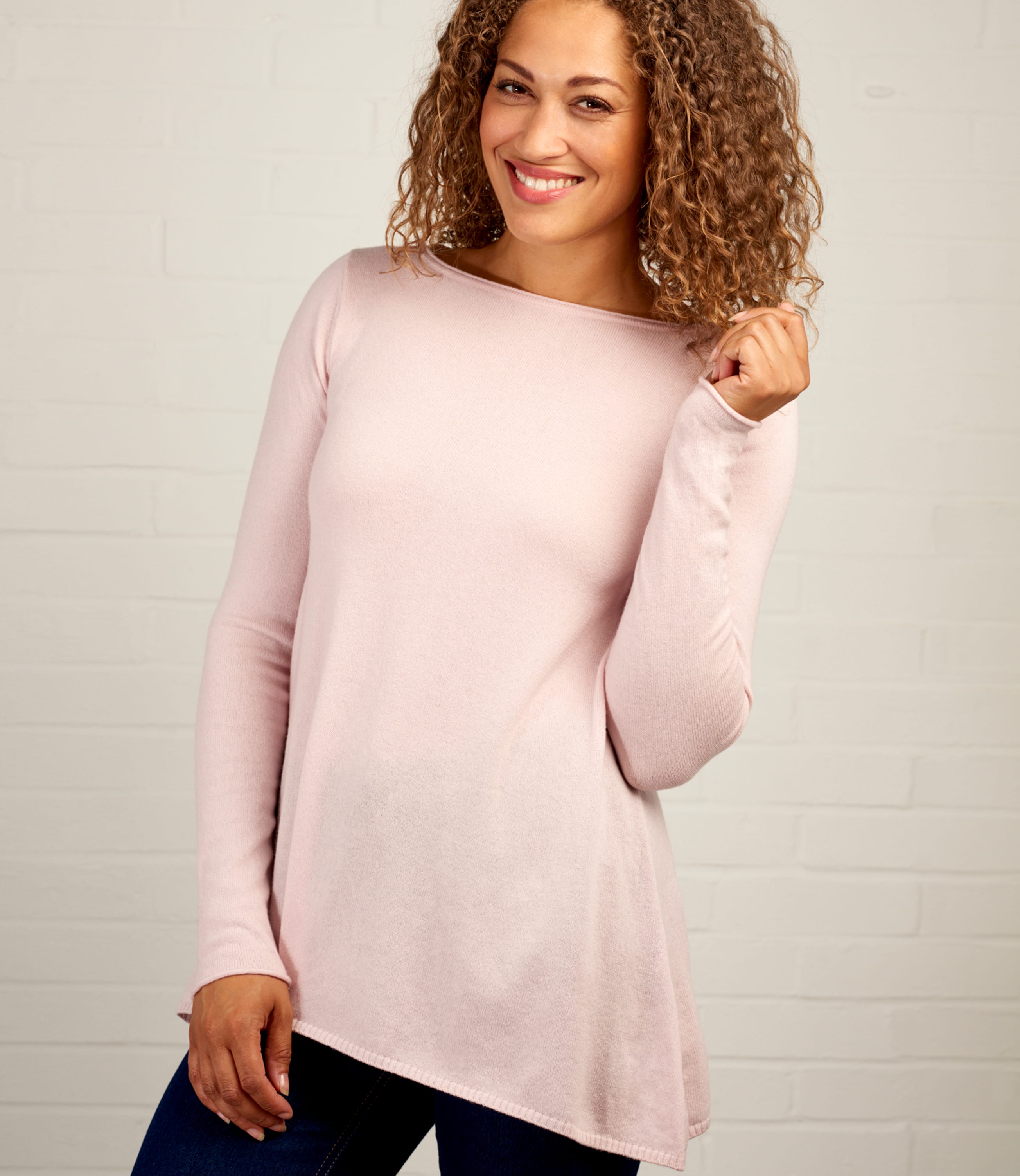 Pale Pink Womens Cashmere & Merino Hanky Hem Jumper WoolOvers UK