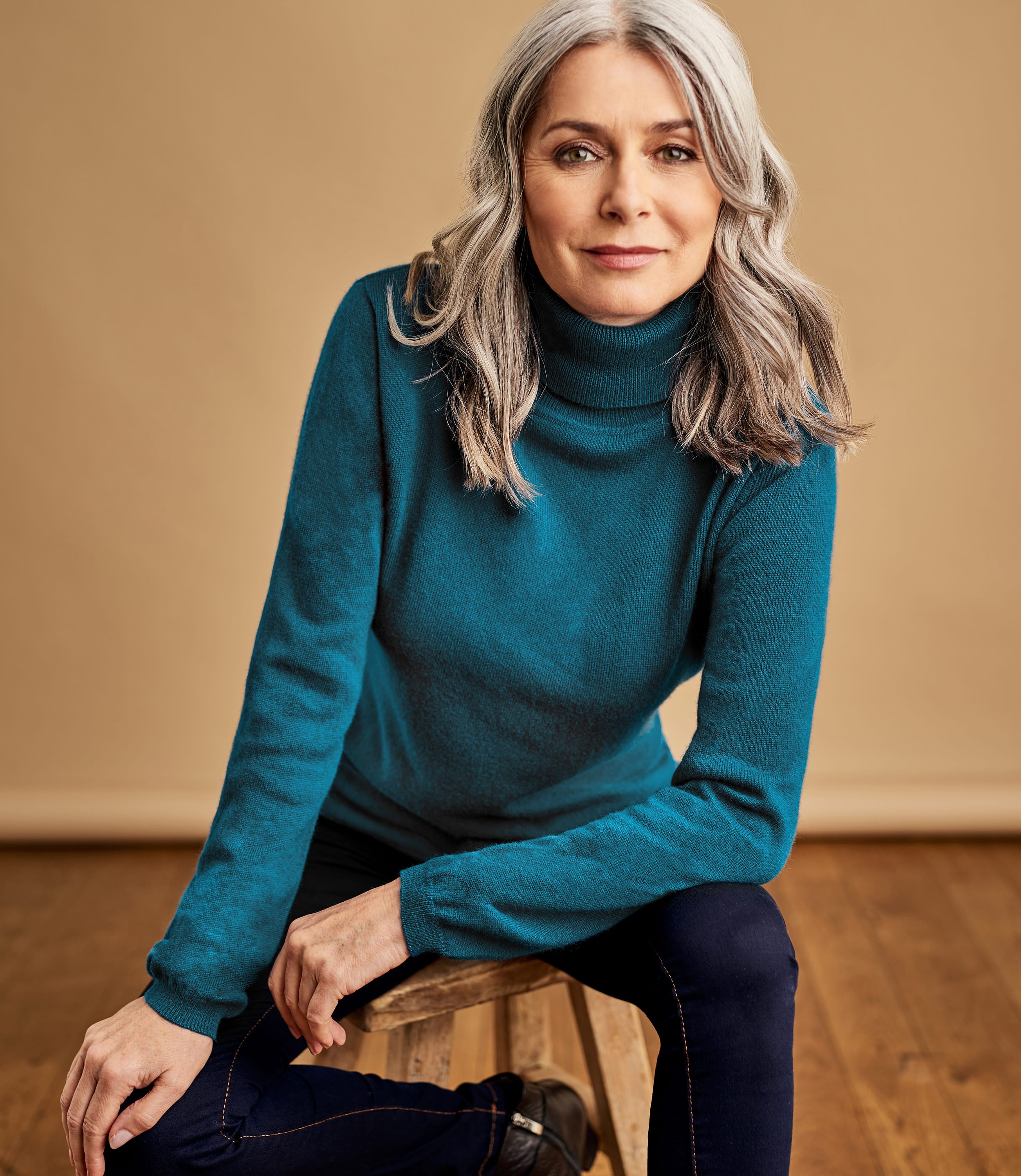 Midnight Green Womens Cashmere & Merino Fitted Polo Neck Knitted Jumper WoolOvers UK