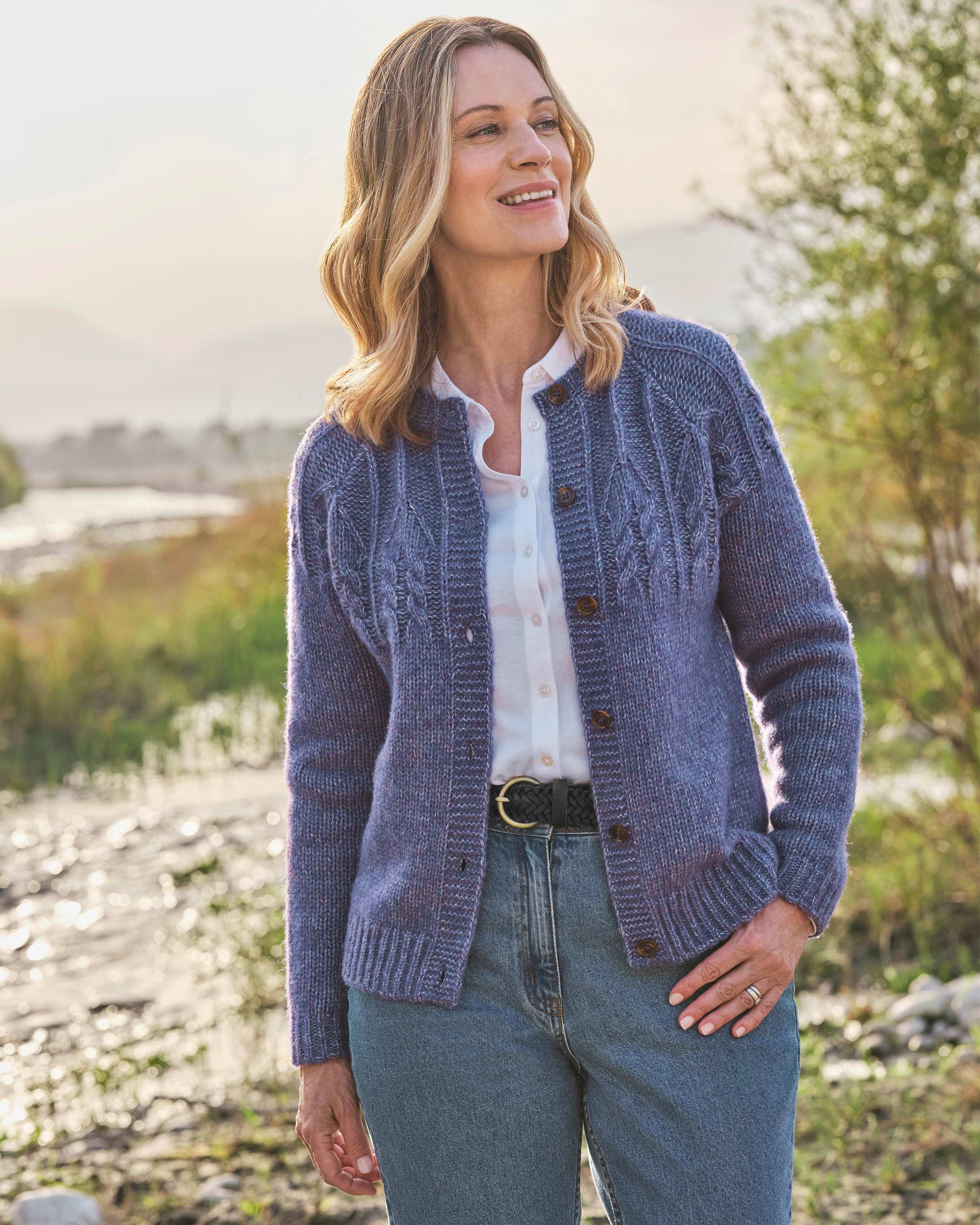 Purple | Chunky Cable Yoke Cardigan | WoolOvers US