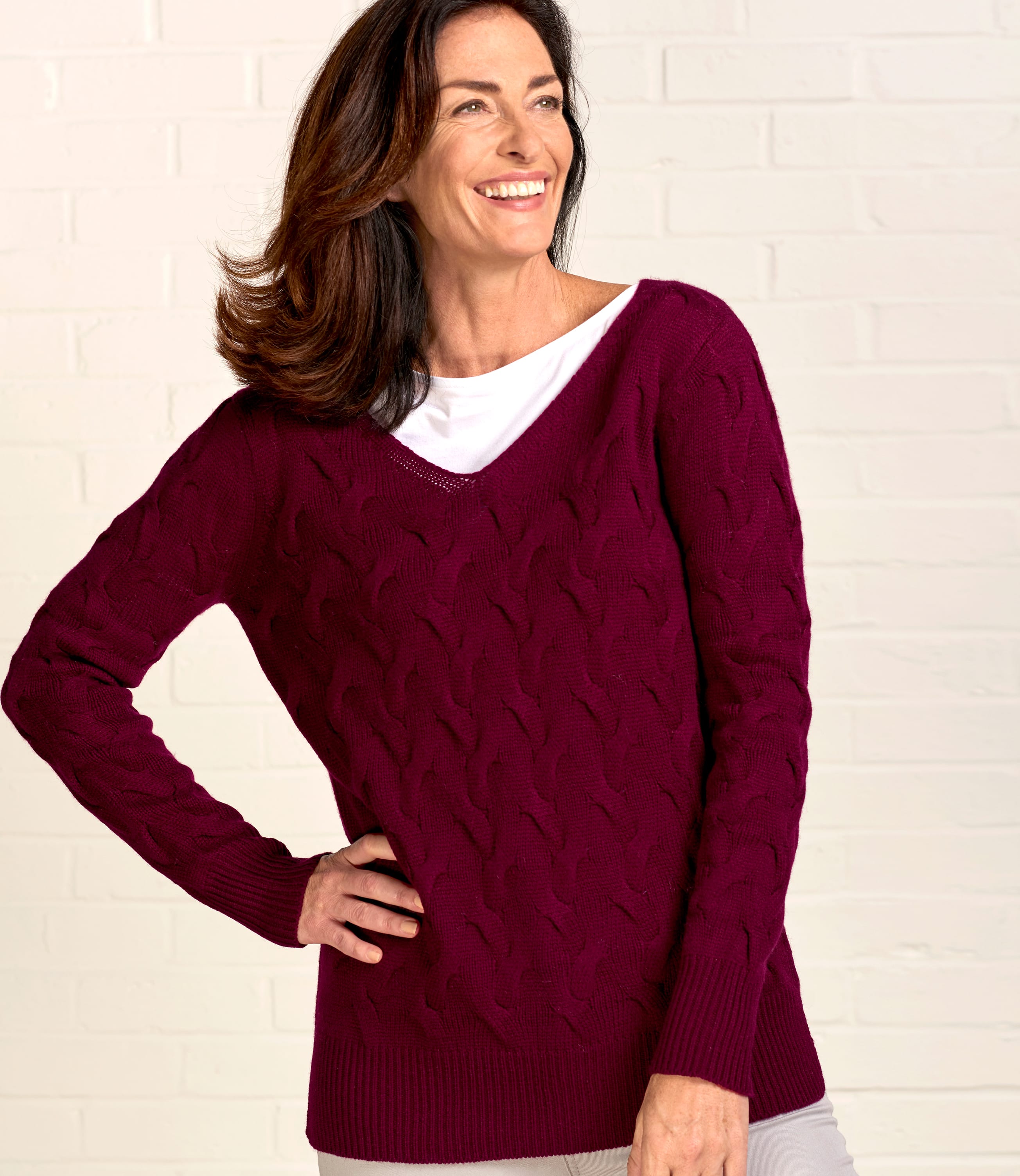 Plum | Womens Cable Knit V Neck Jumper | WoolOvers AU