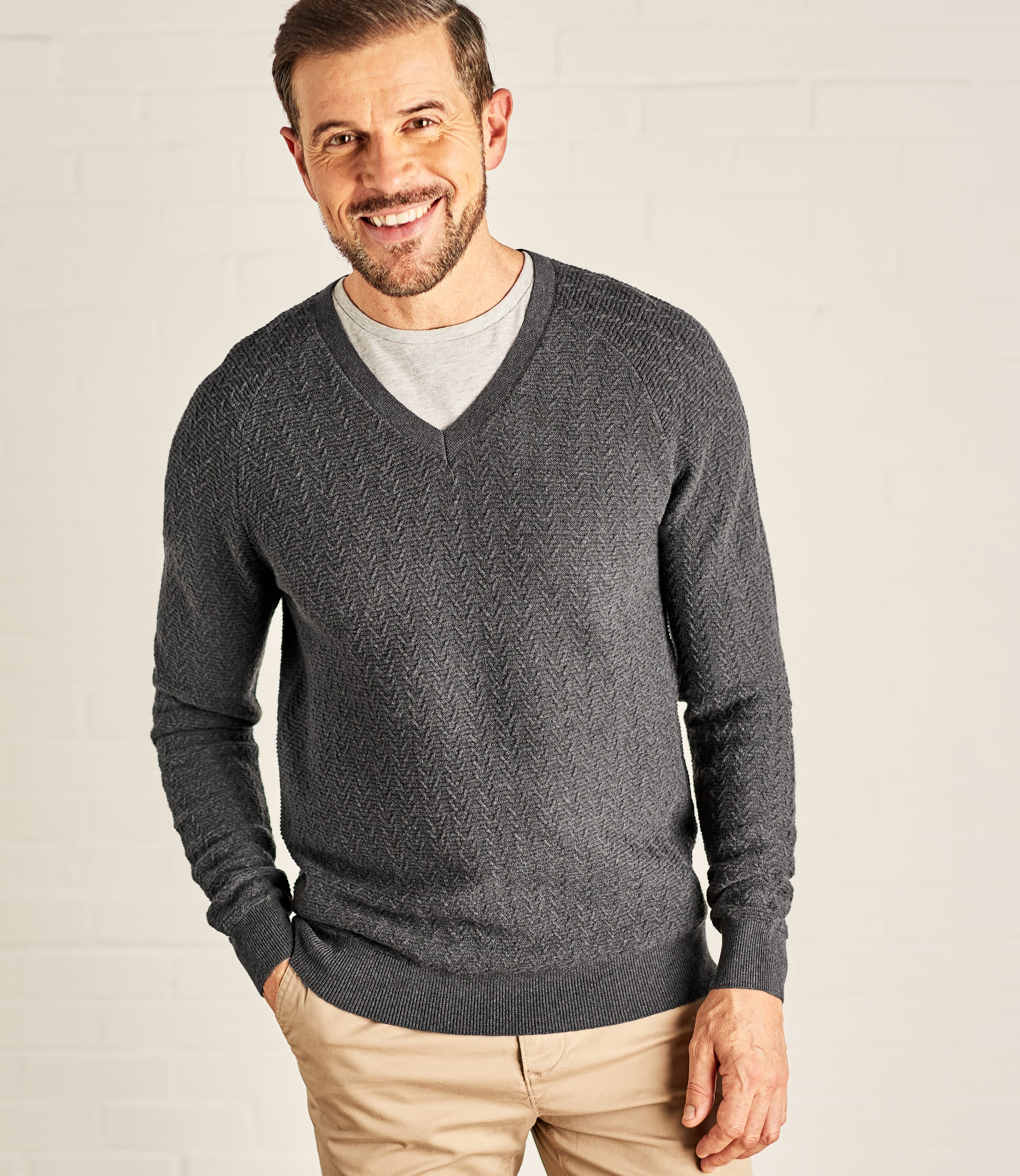 Charcoal | Mens Textured Stitch V Neck Jumper | WoolOvers UK