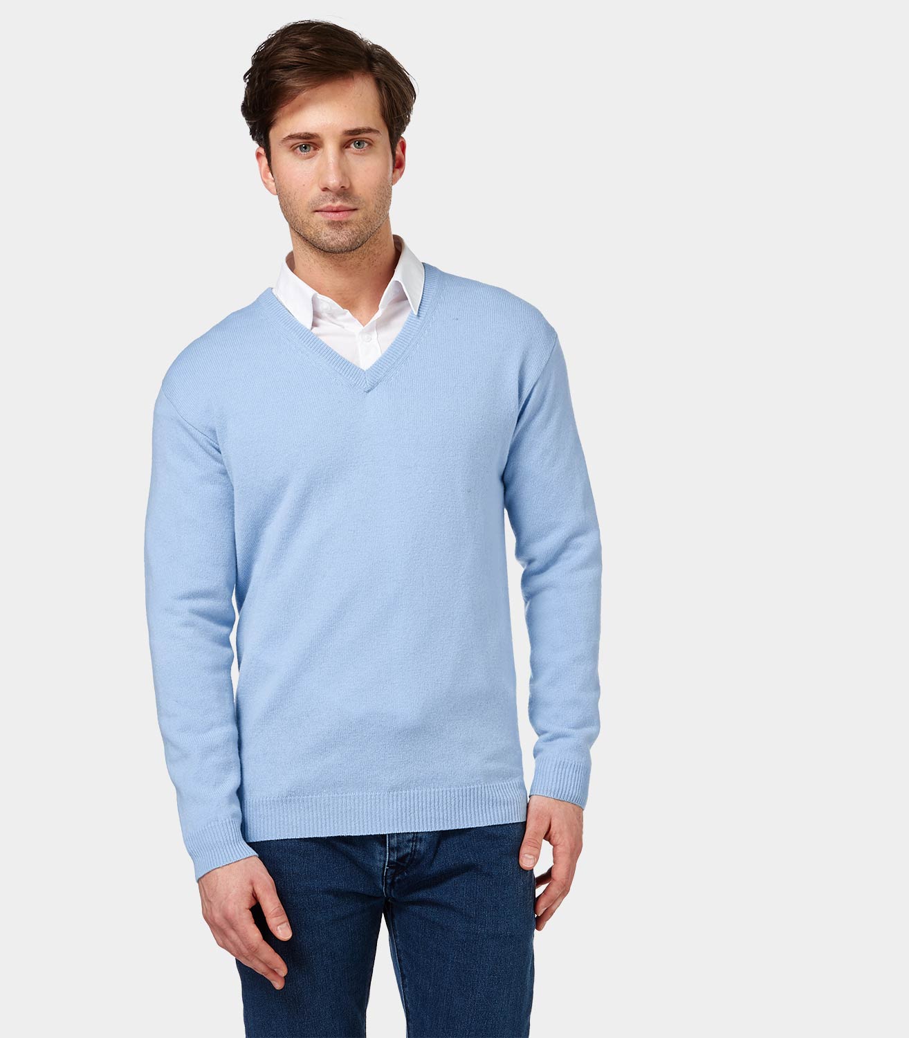 Pale Blue | Mens Lambswool V Neck Knitted Sweater | WoolOvers UK
